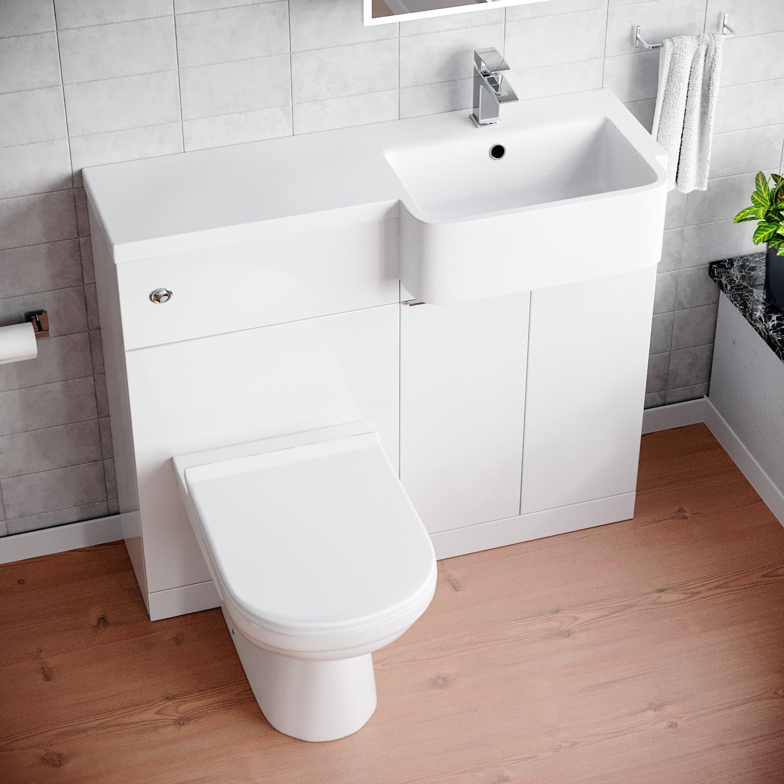 Haoran 1000mm White Cabinet with Basin, WC Unit & Toilet & Chrome Handle