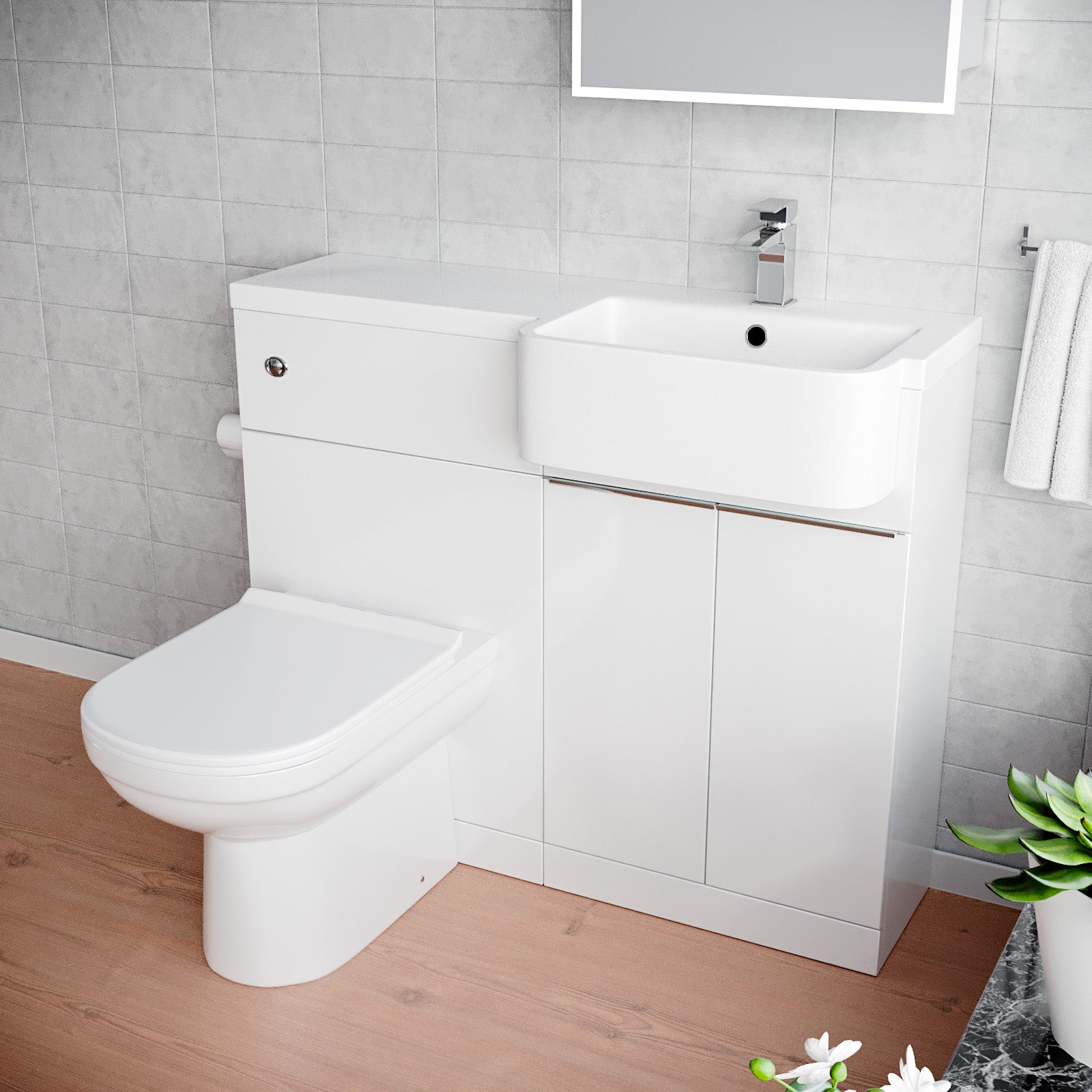 Haoran 1000mm White Cabinet with Basin, WC Unit & Toilet & Chrome Handle