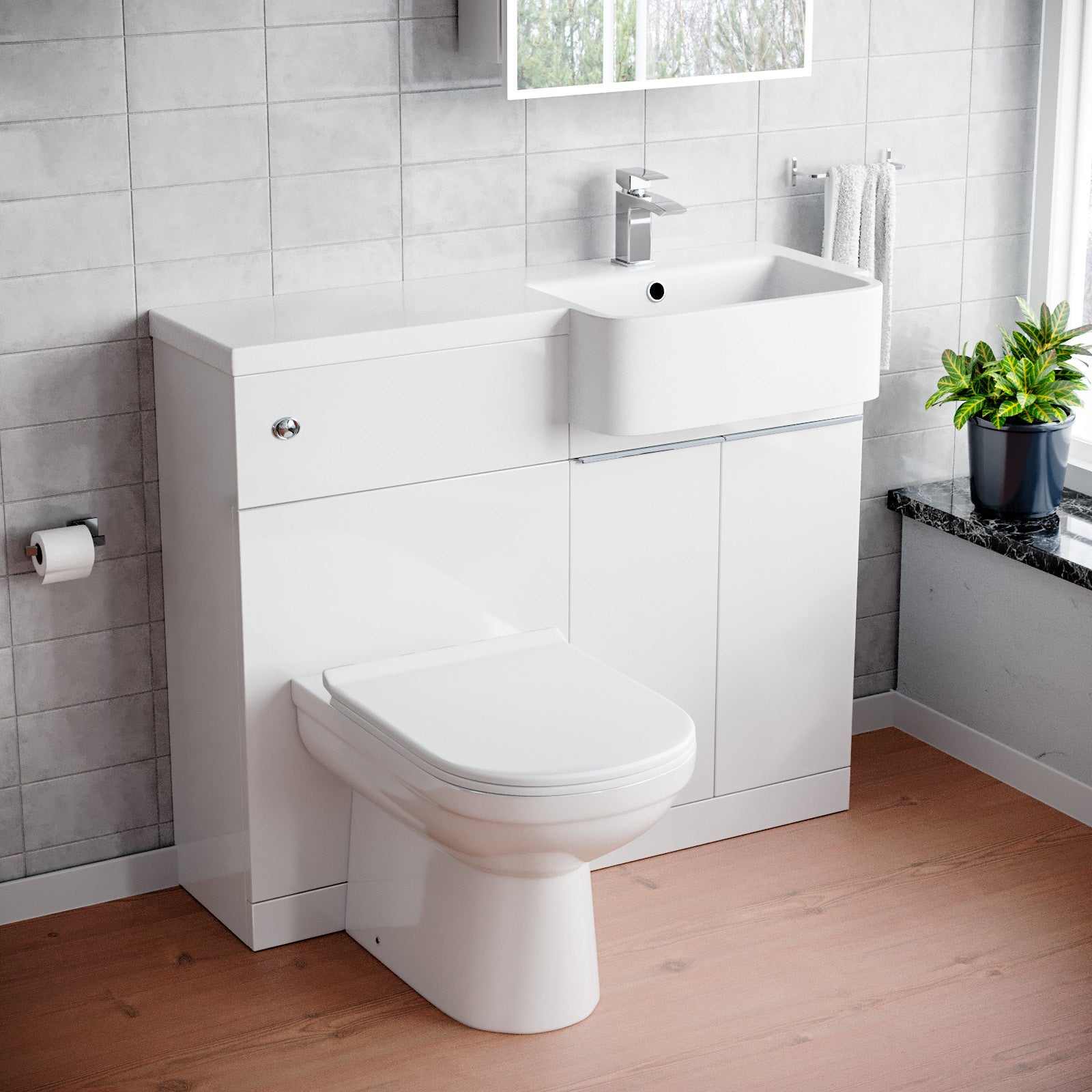 Haoran 1000mm White Cabinet with Basin, WC Unit & Toilet & Chrome Handle