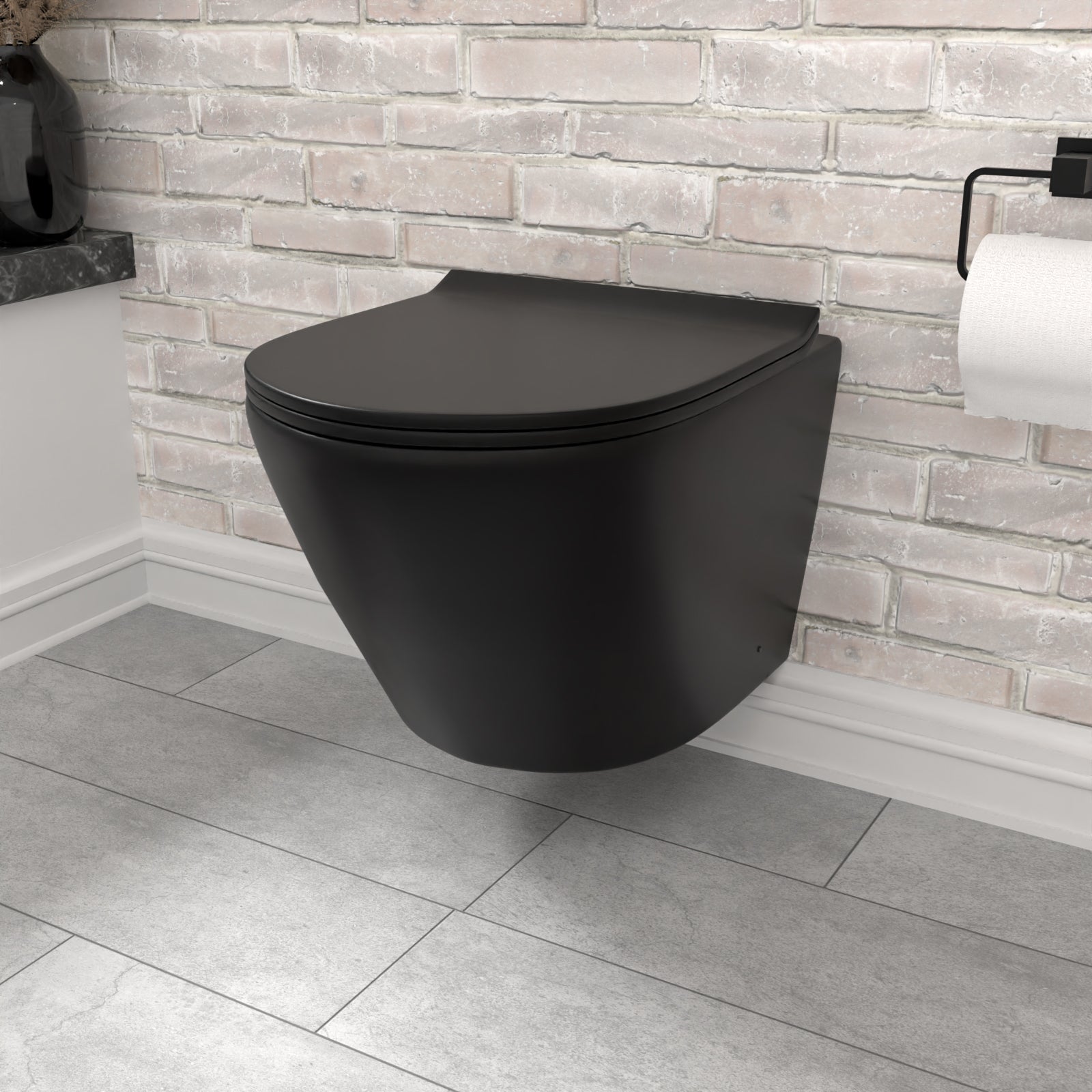 Round Rimless Wall Hung Toilet Pan & Soft Close Seat Matte Black