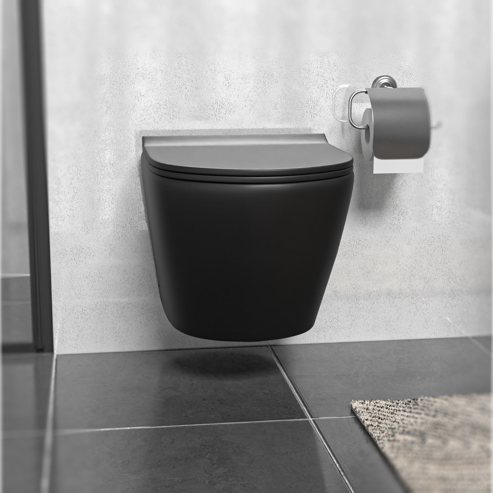 Round Rimless Wall Hung Toilet Pan & Soft Close Seat Matte Black