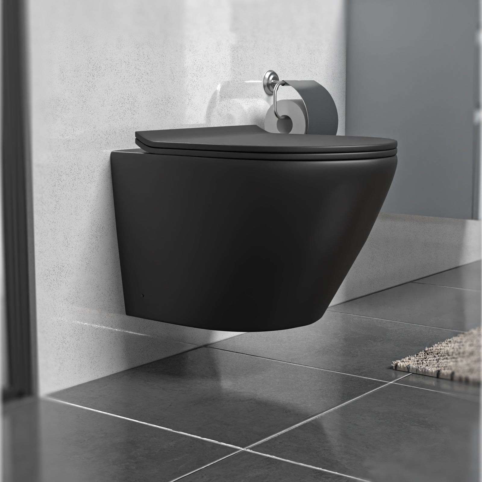Round Rimless Wall Hung Toilet Pan & Soft Close Seat Matte Black