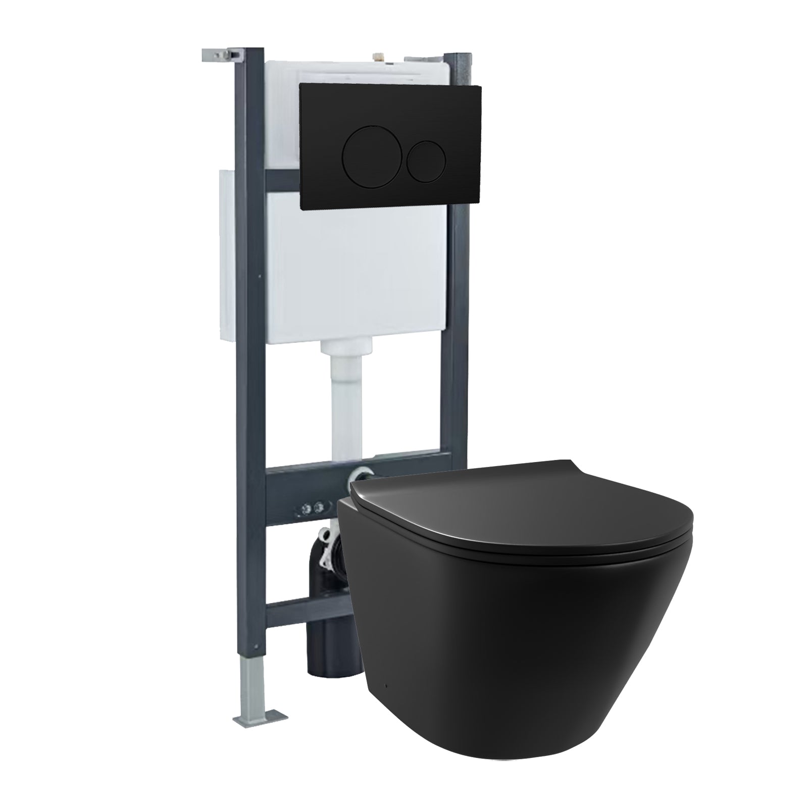 Rimless Round Wall Hung Toilet, Cistern Frame, Flush Button Matte Black