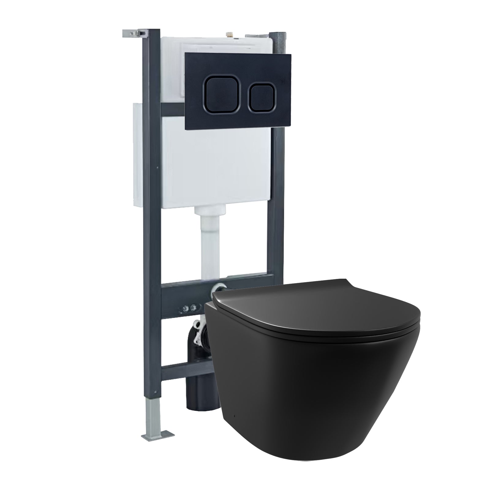 Round Rimless Wall Hung Toilet, Cistern Frame, Flush Plate Matte Black