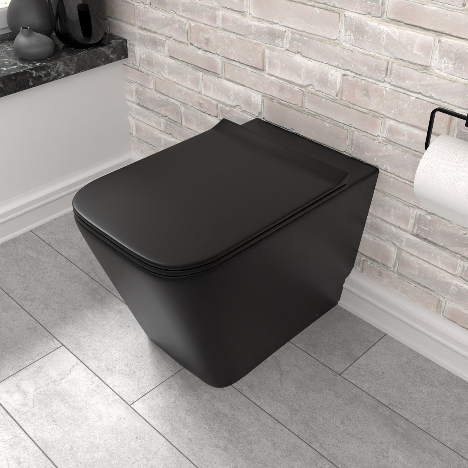 Rimless Square Back To Wall Toilet Pan & Soft Close Seat Matte Black