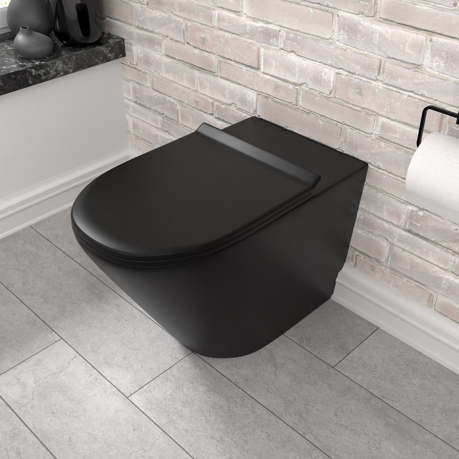 Rimless Round Back To Wall Toilet Pan & Soft Close Seat Matte Black