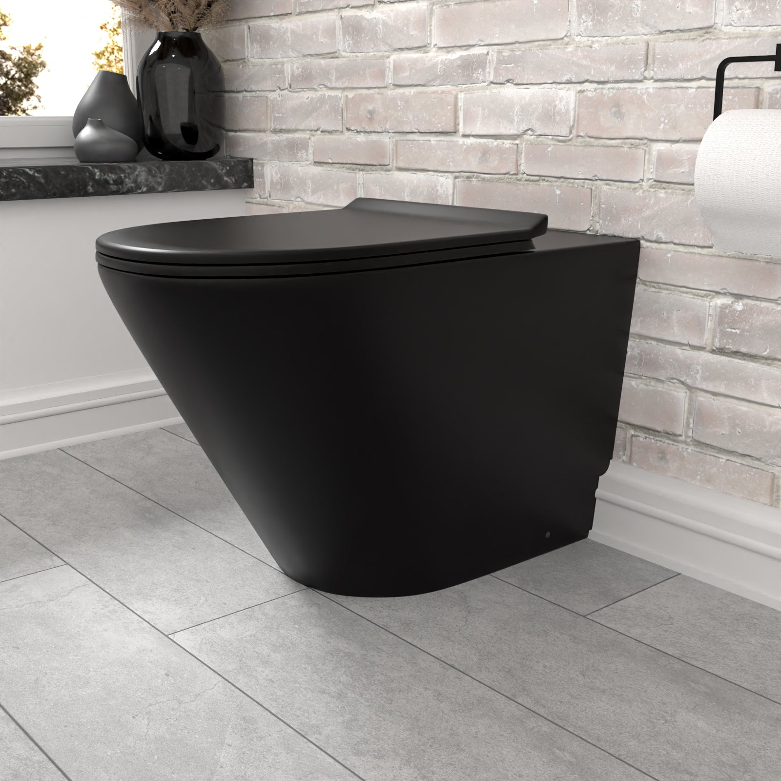 Rimless Round Back To Wall Toilet Pan & Soft Close Seat Matte Black