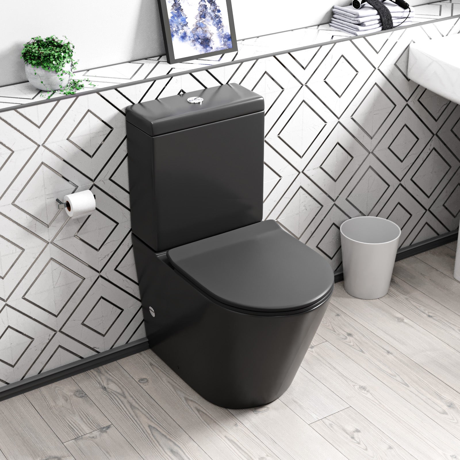 Rimless Round Close Coupled Toilet Pan, Cistern & Seat Matt Black