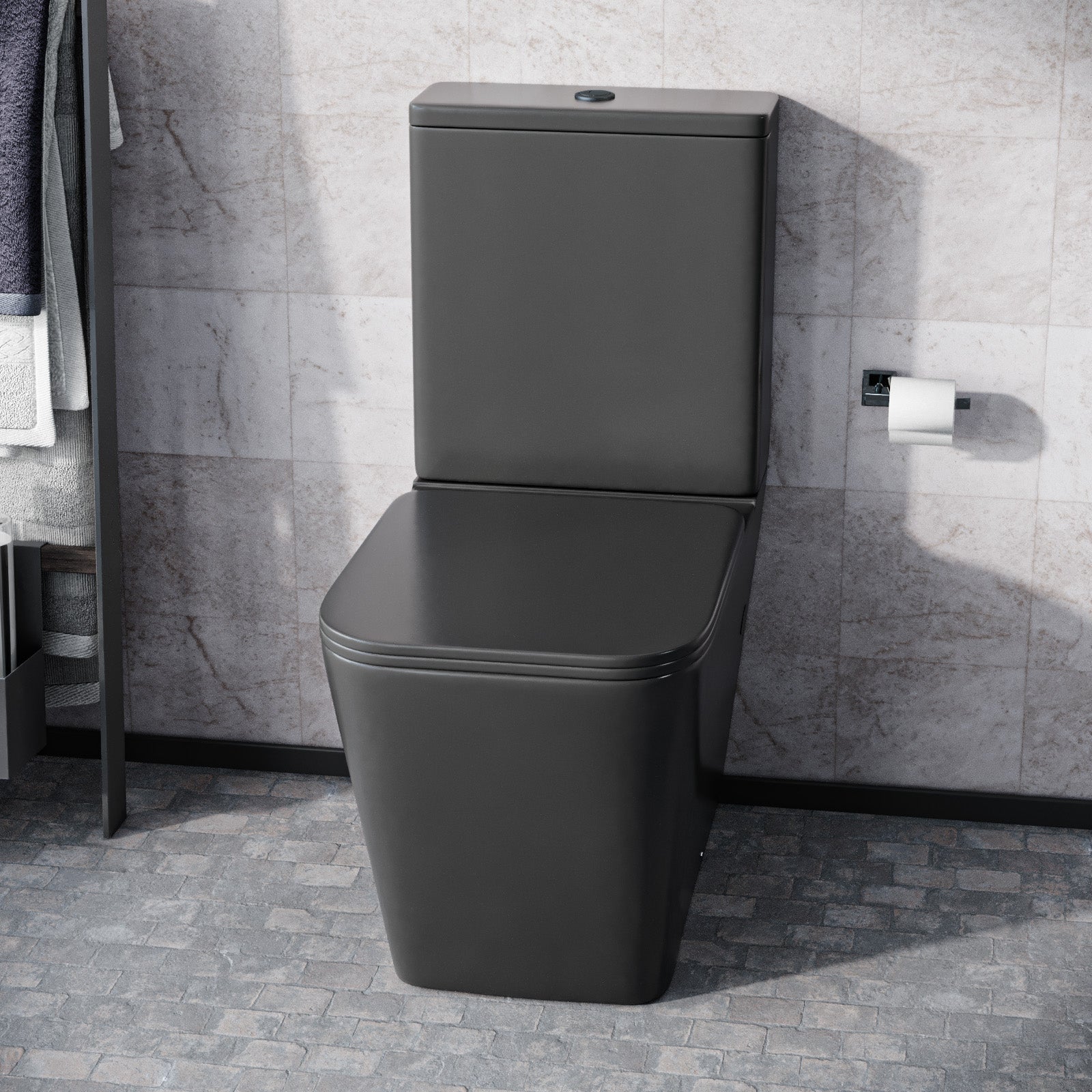 Rimless Square Close Coupled Toilet Pan, Cistern & Seat Matt Black