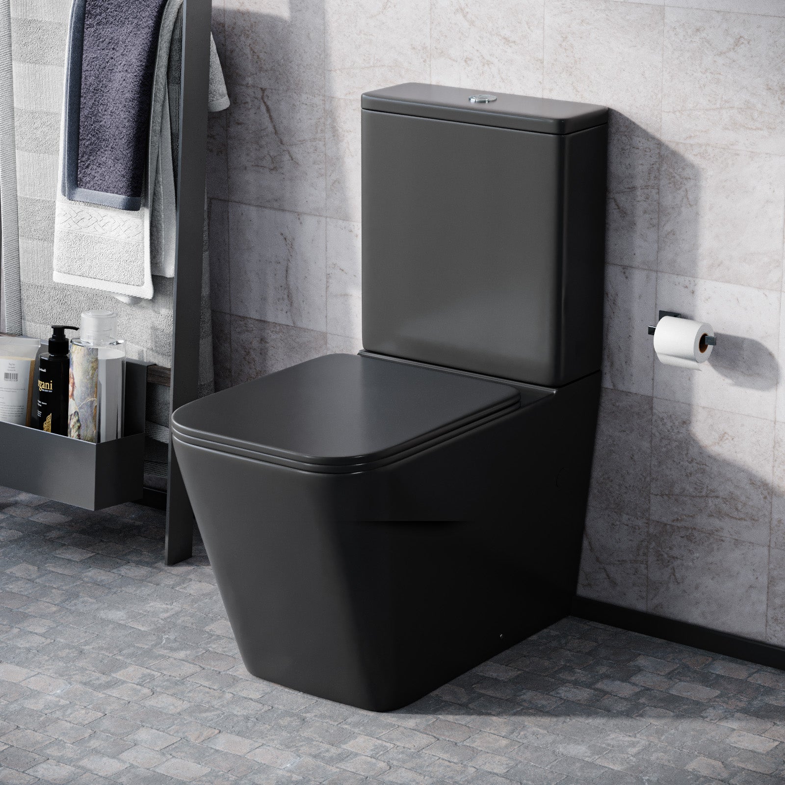 Rimless Square Close Coupled Toilet Pan, Cistern & Seat Matt Black