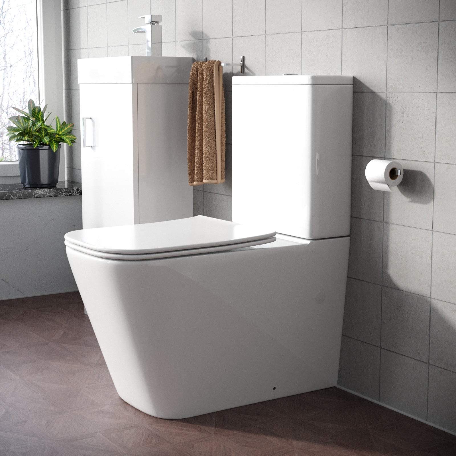 Square Rimless Close Coupled Toilet, Cistern And Soft Close Toilet Seat