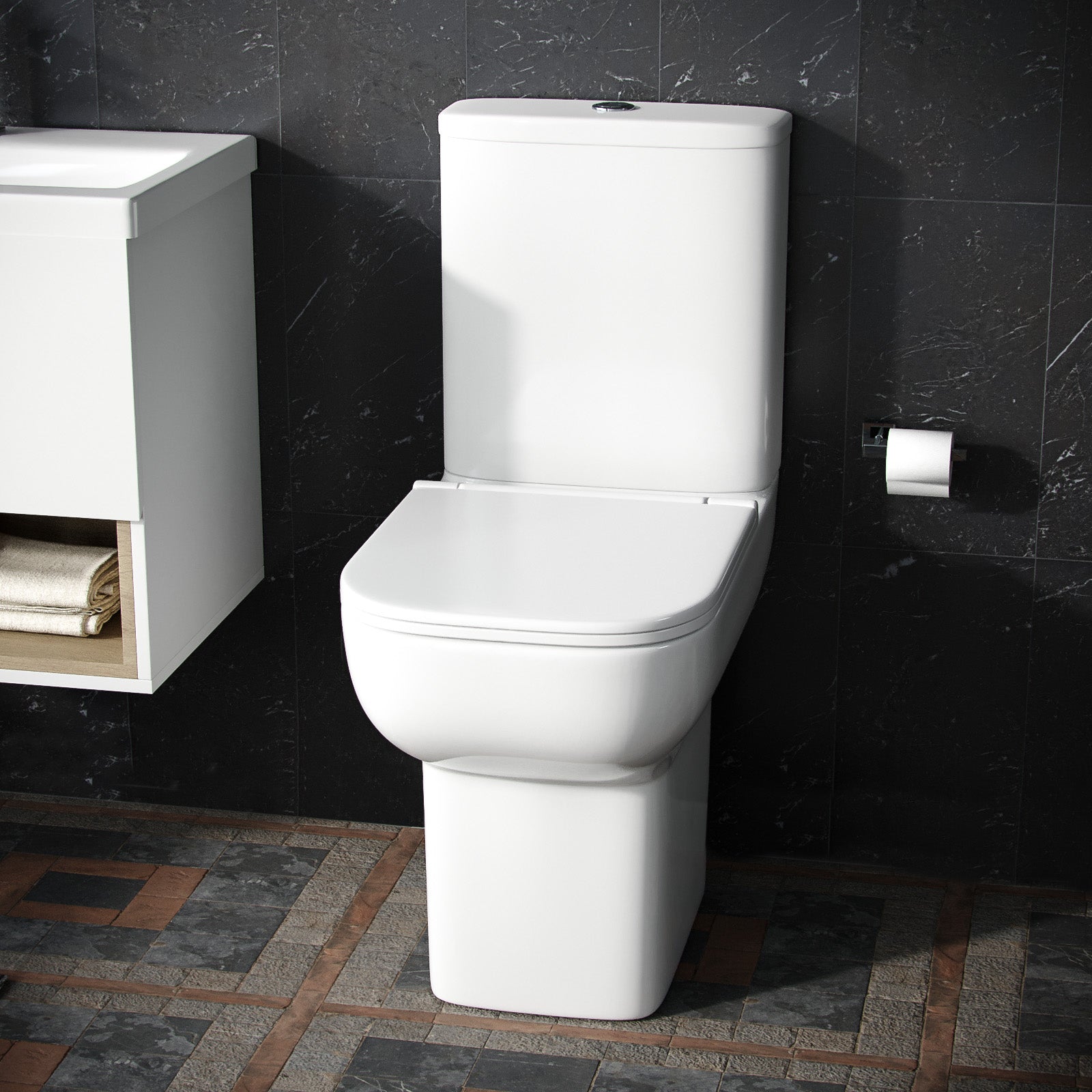 Louie Comfort Height Close Coupled Toilet Pan, Cistern & Soft Close Seat