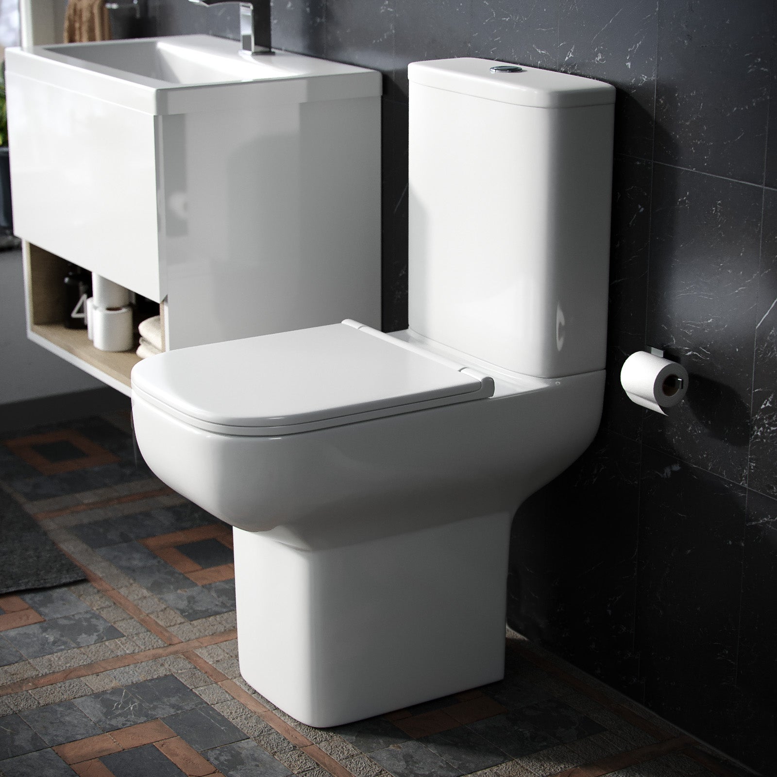 Louie Comfort Height Close Coupled Toilet Pan, Cistern & Soft Close Seat