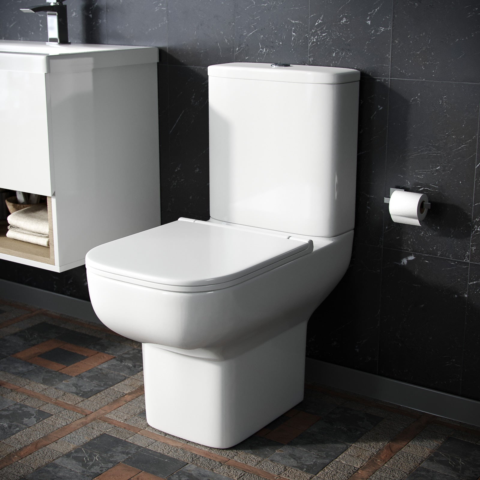 Louie Comfort Height Close Coupled Toilet Pan, Cistern & Soft Close Seat