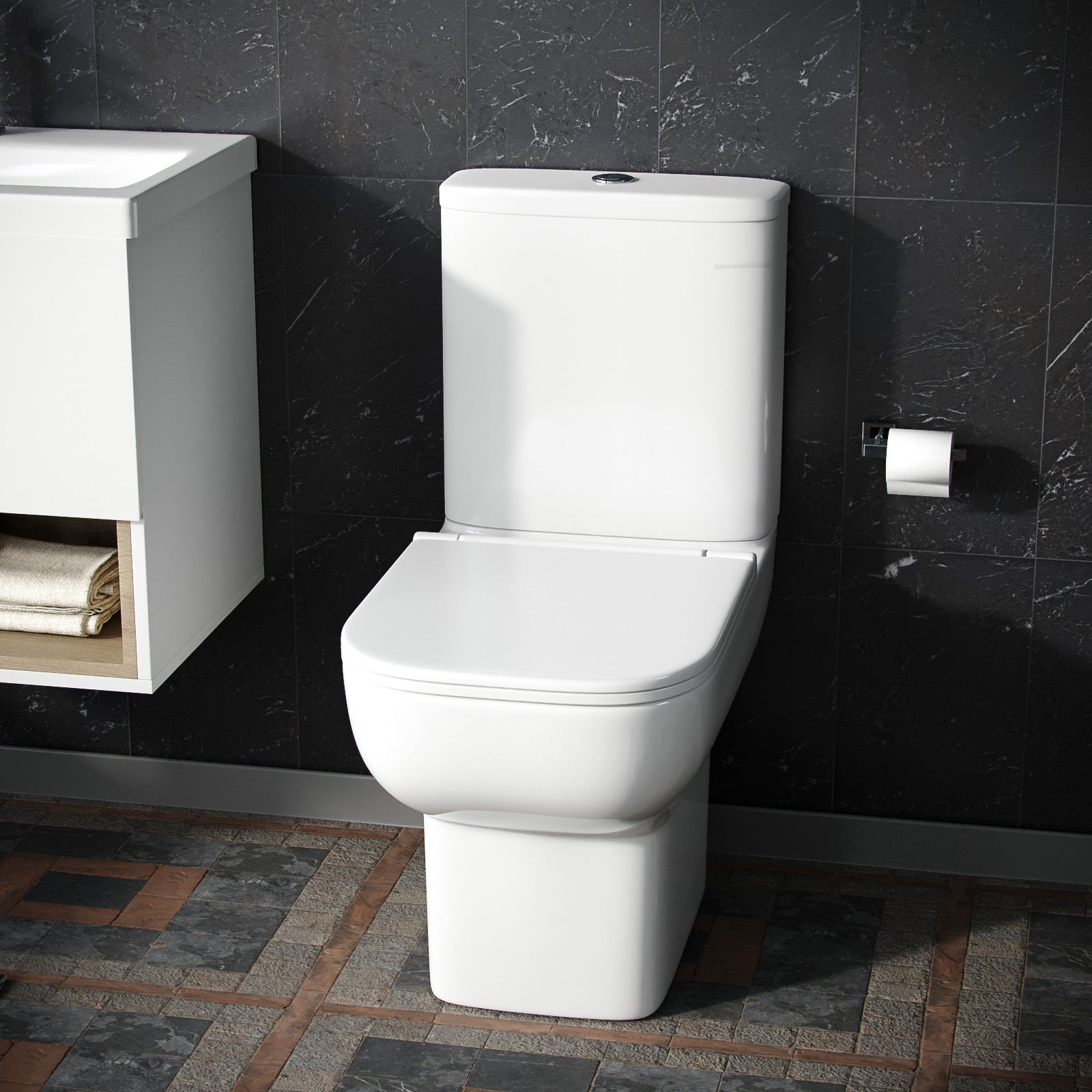 Louie Comfort Height Close Coupled Toilet Pan, Cistern & Soft Close Seat