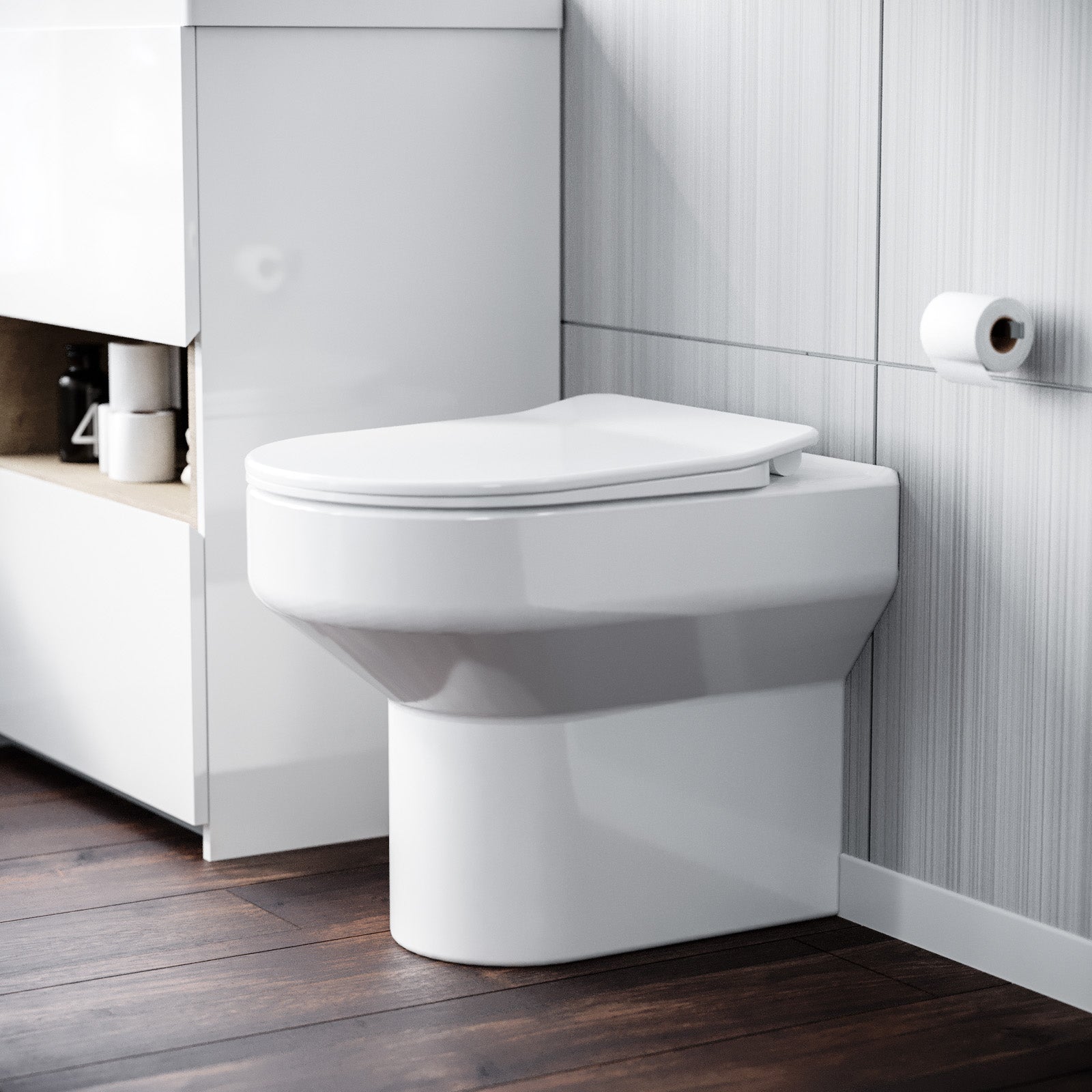 Kensington Contemporary Bathroom Rimless Back to Wall Toilet with Soft Close Seat White