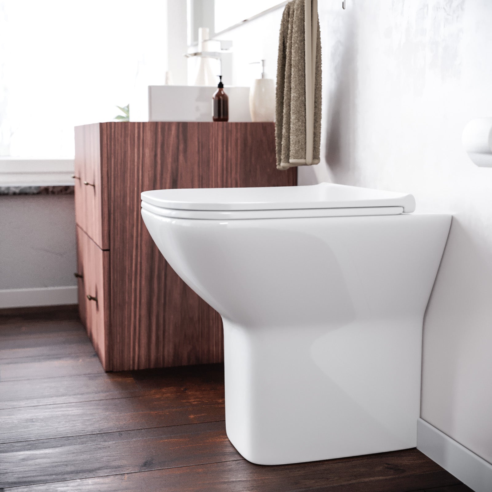 Keswick Contemporary Back to Wall Rimless Comfort Height Toilet and Soft Close Seat White Bathroom