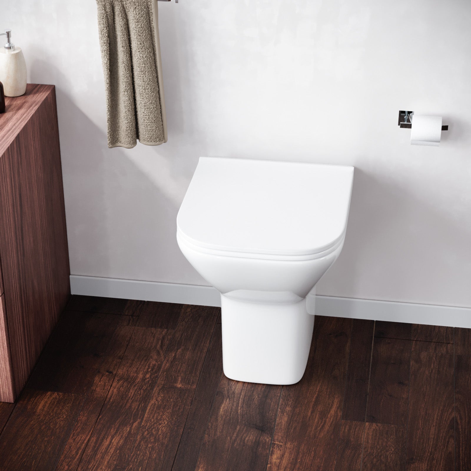 Keswick Contemporary Back to Wall Rimless Comfort Height Toilet and Soft Close Seat White Bathroom