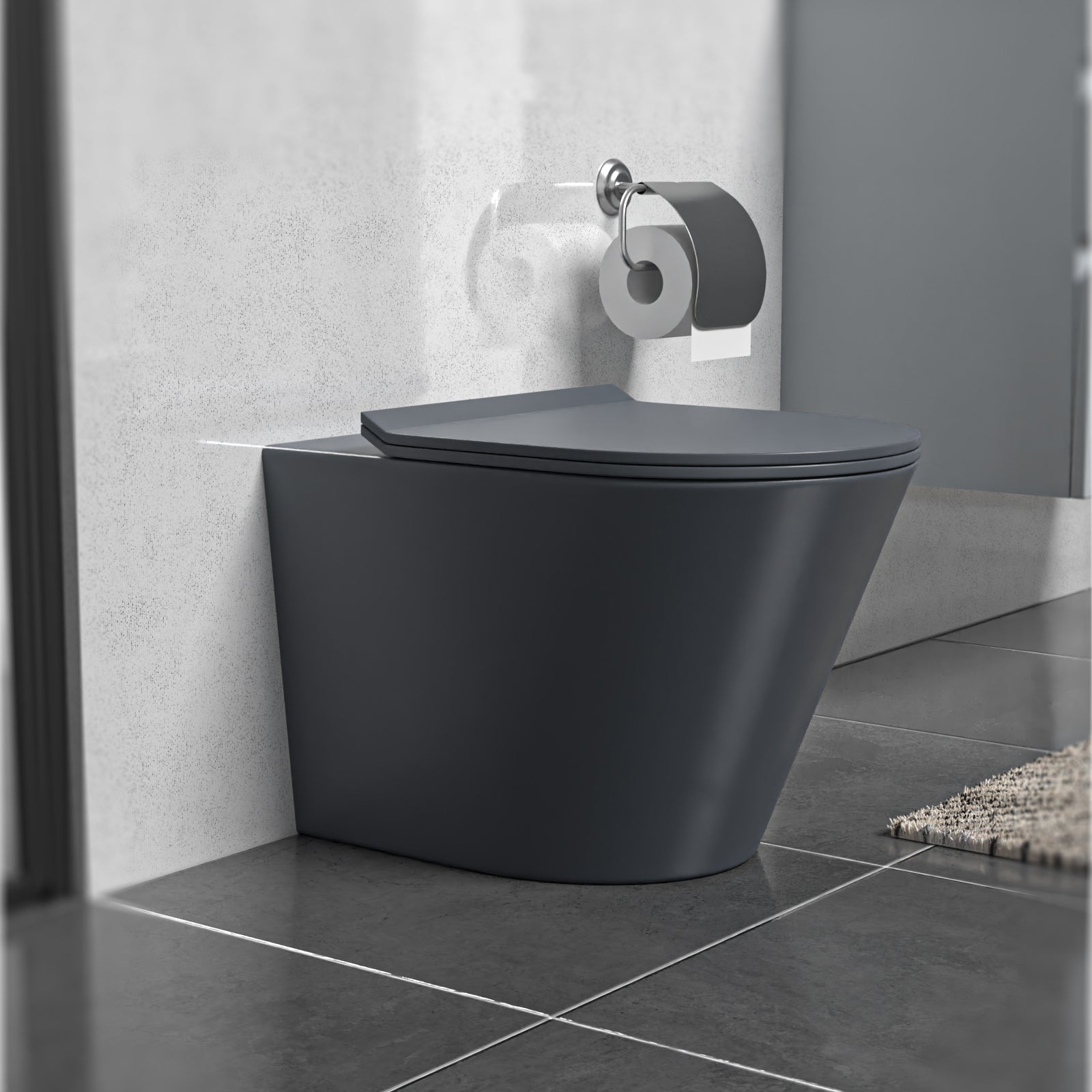 Dark Grey Rimless Round Back to Wall Toilet with Soft Close Seat
