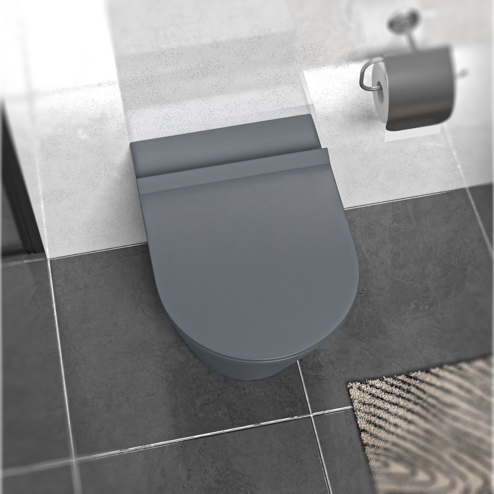 Dark Grey Rimless Round Back to Wall Toilet with Soft Close Seat