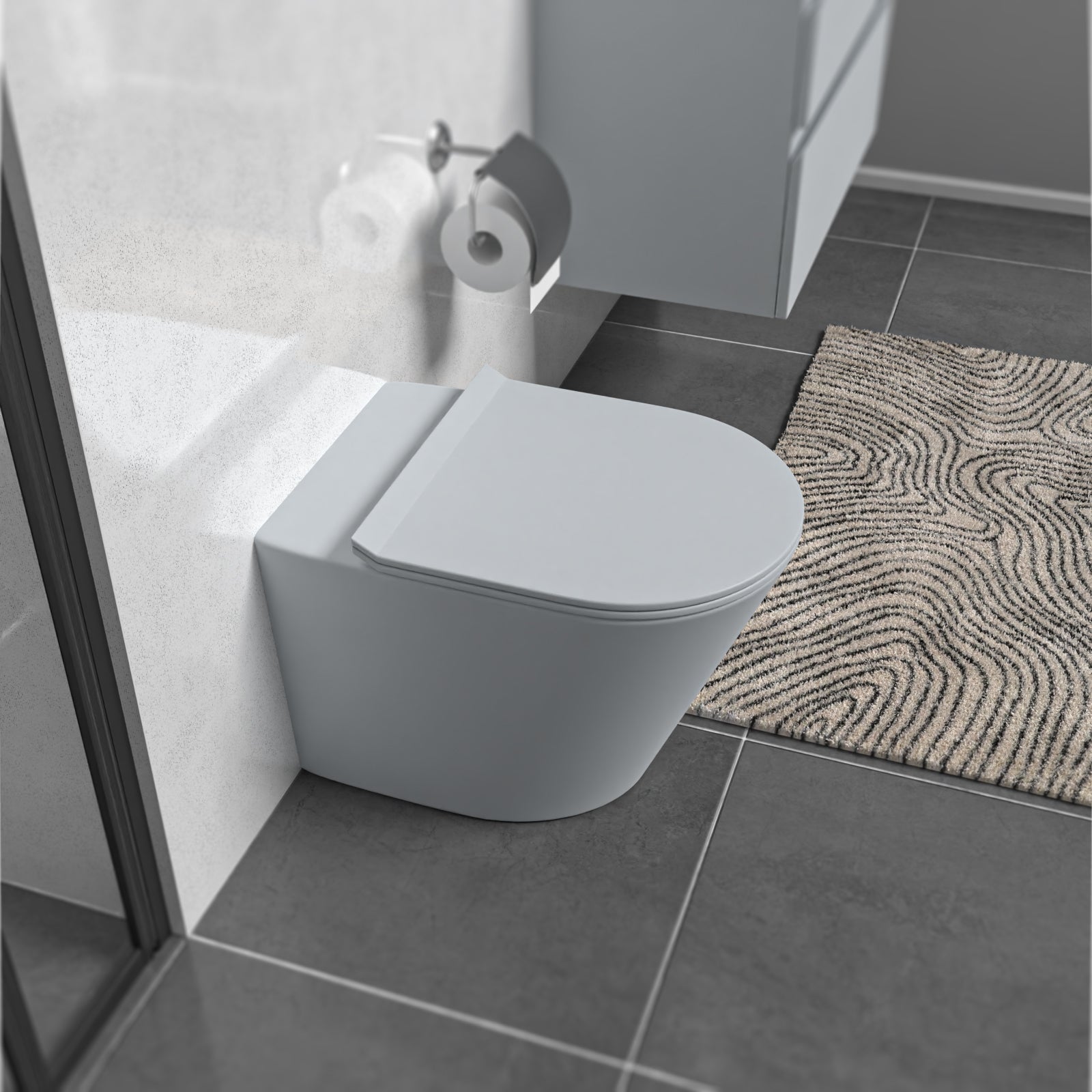 Matte Grey Rimless Round Back to Wall Toilet with Soft Close Seat