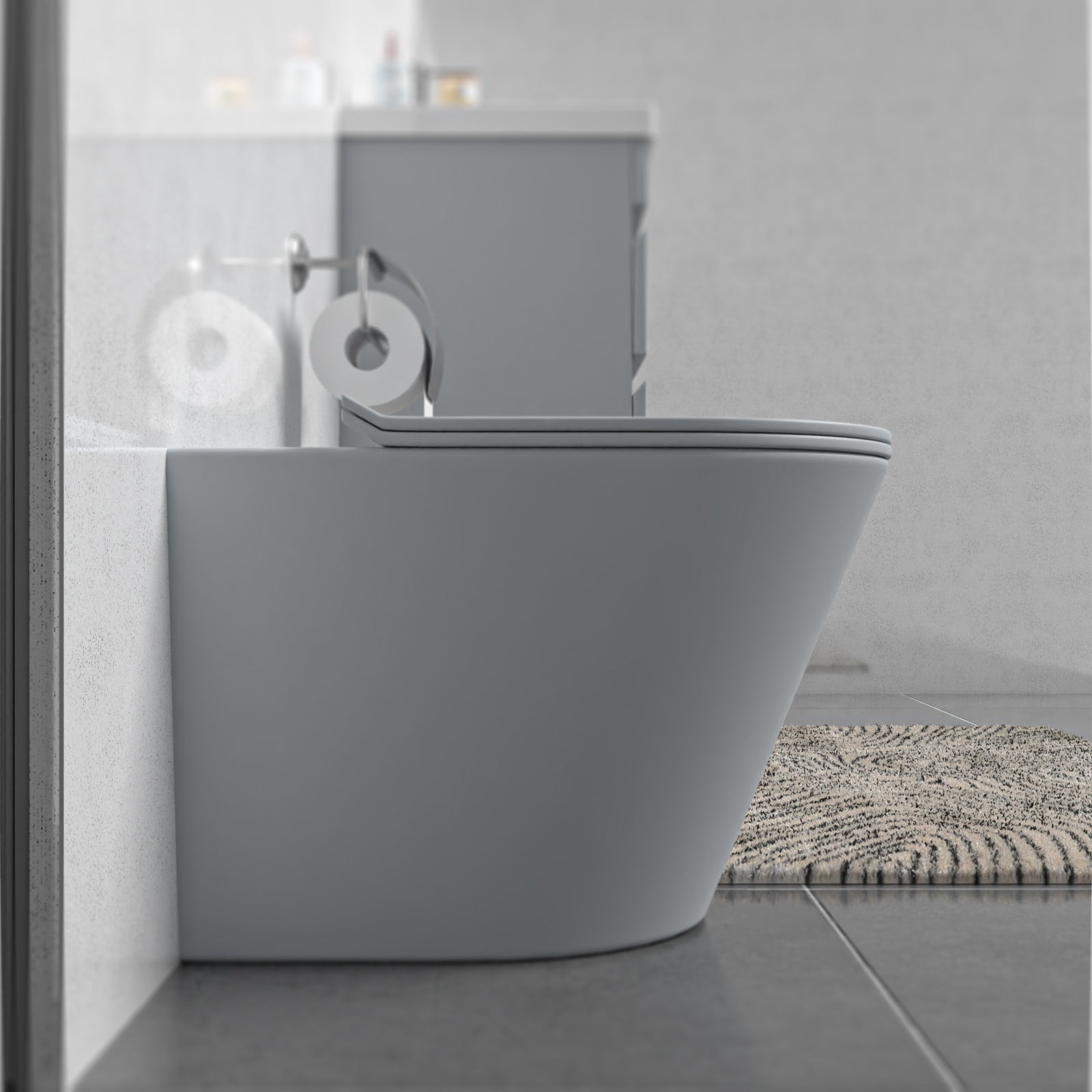 Matte Grey Rimless Round Back to Wall Toilet with Soft Close Seat