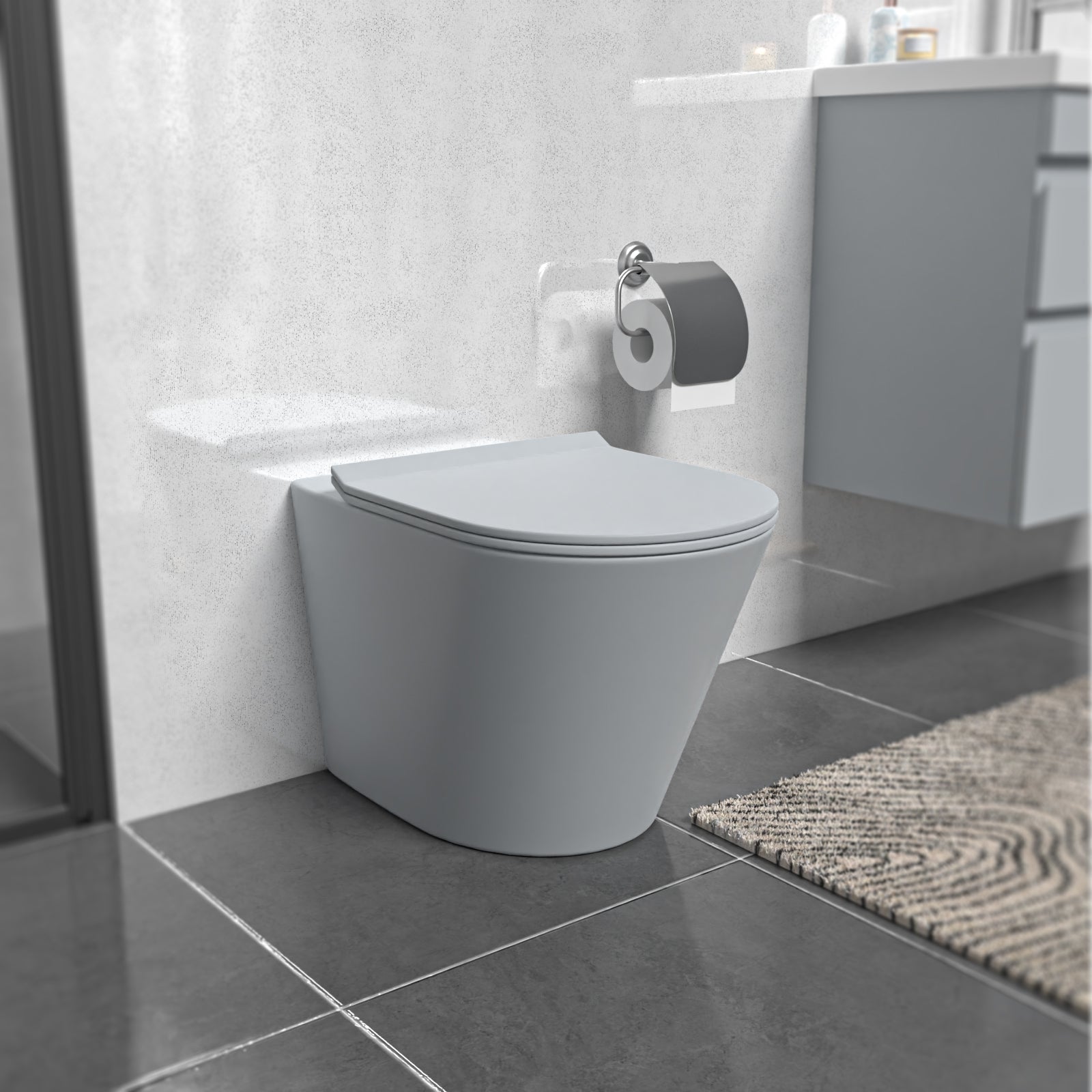 Matte Grey Rimless Round Back to Wall Toilet with Soft Close Seat