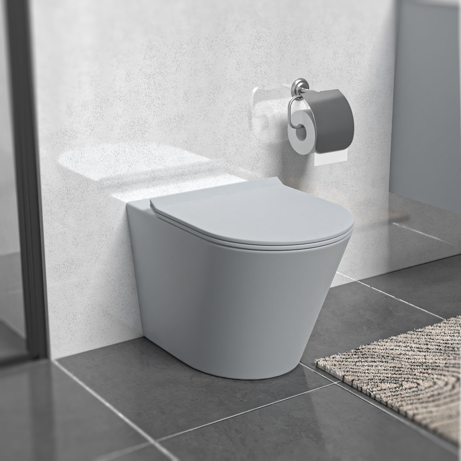 Matte Grey Rimless Round Back to Wall Toilet with Soft Close Seat