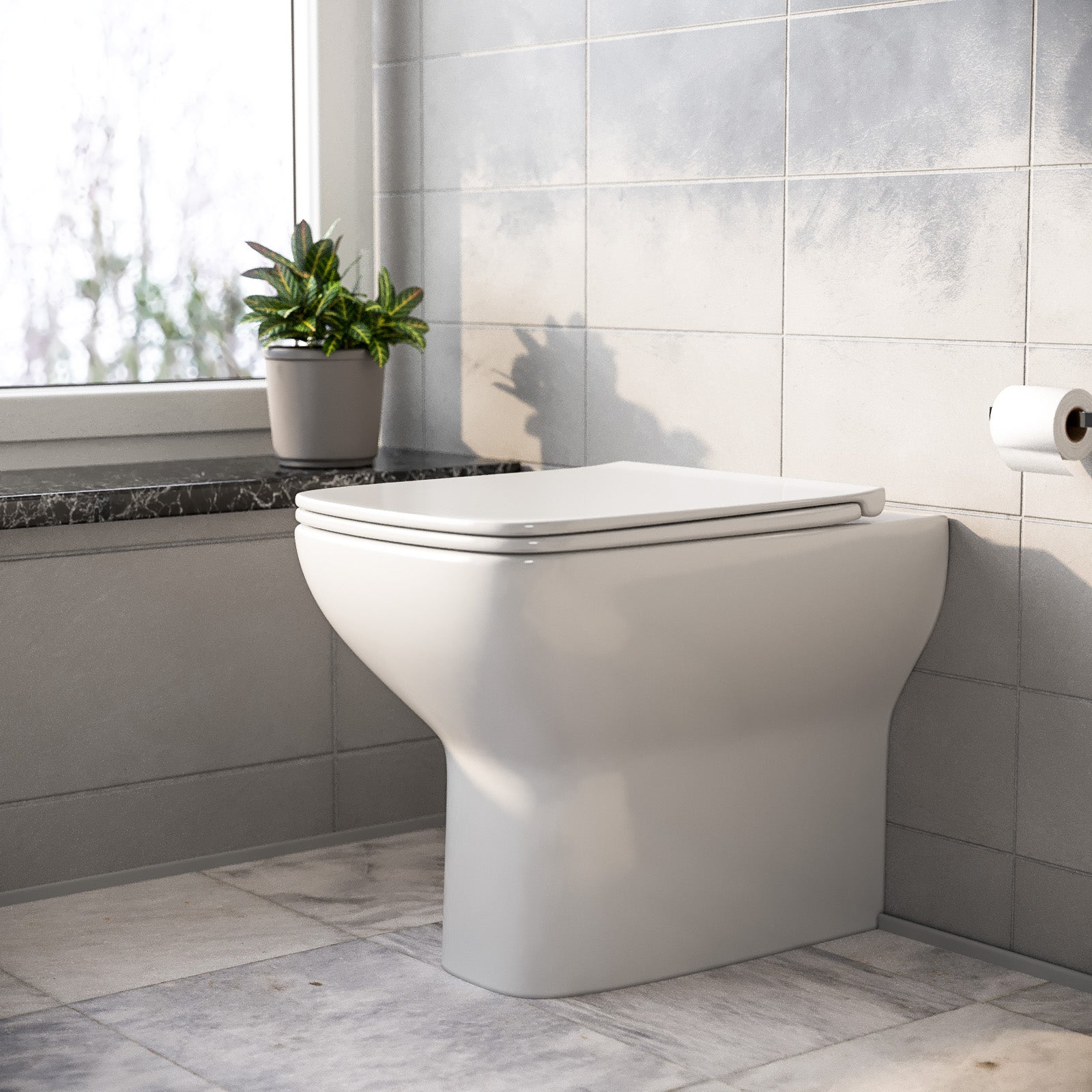 Kinver Modern Stylish Square Back to Wall Toilet, Soft Close Seat White