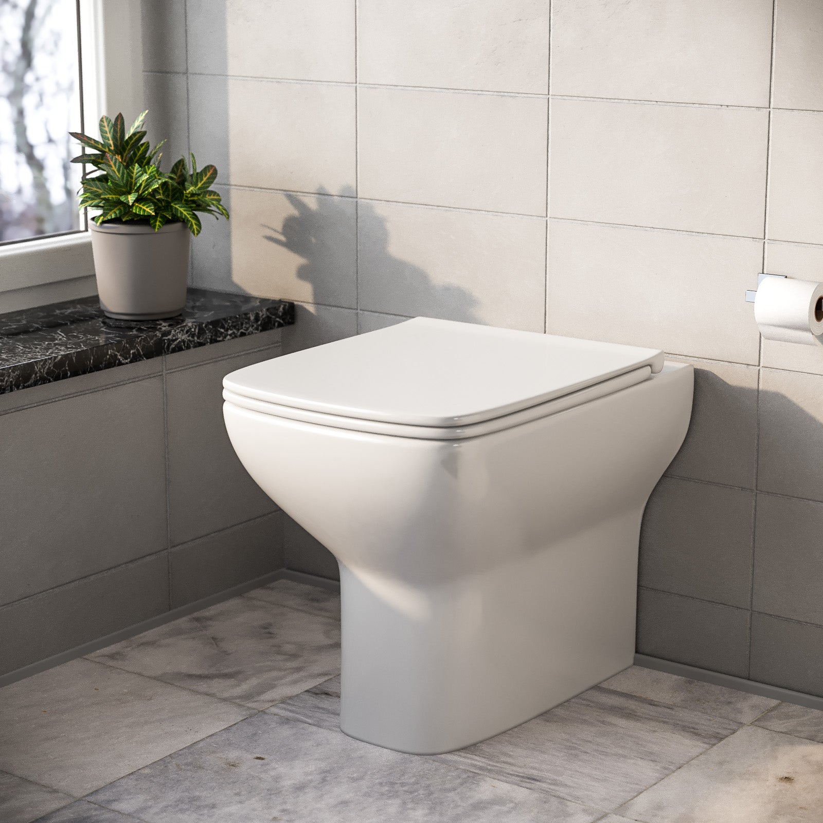 Kinver Modern Stylish Square Back to Wall Toilet, Soft Close Seat White