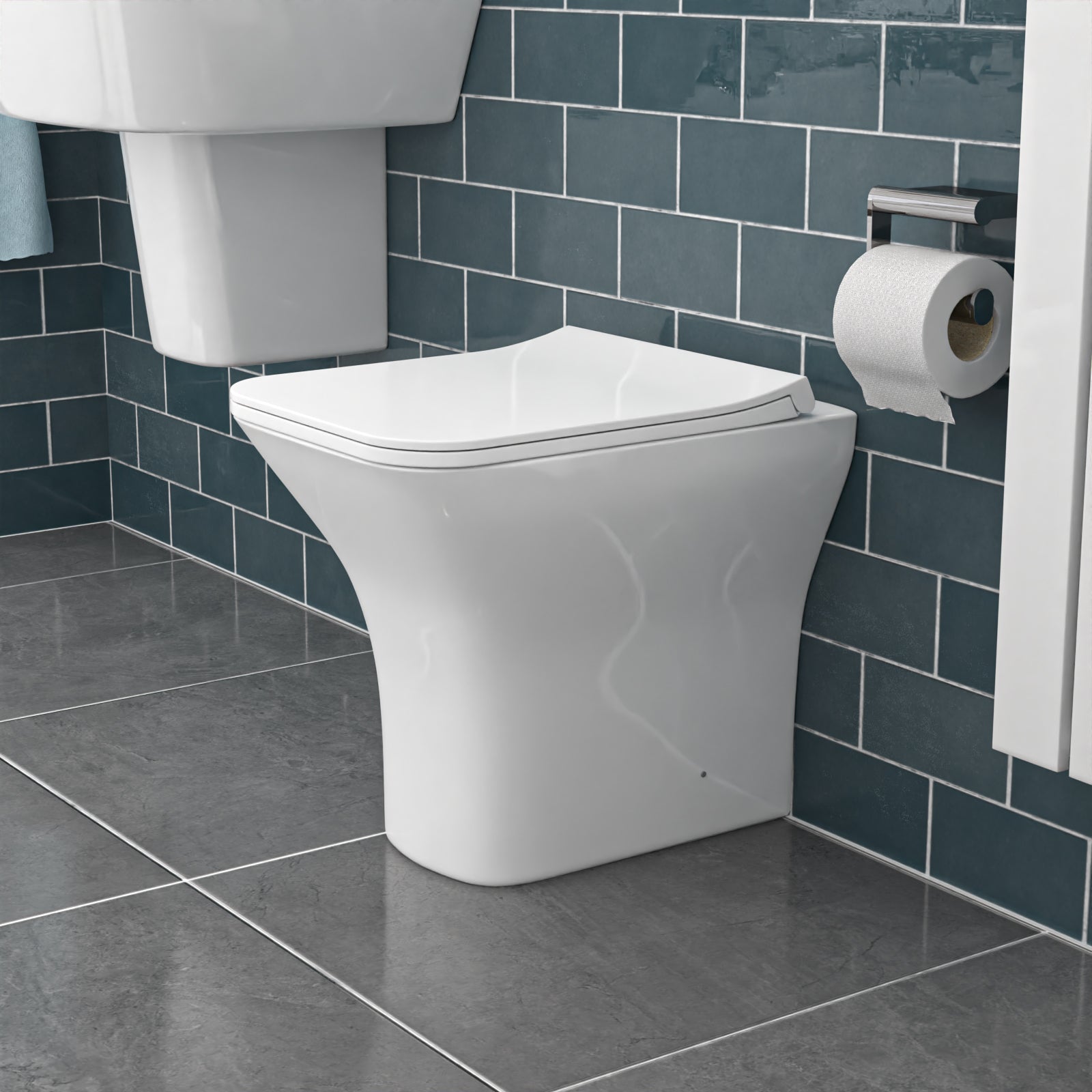White Square Rimless Soft Close Slim Seat Back To Wall Toilet
