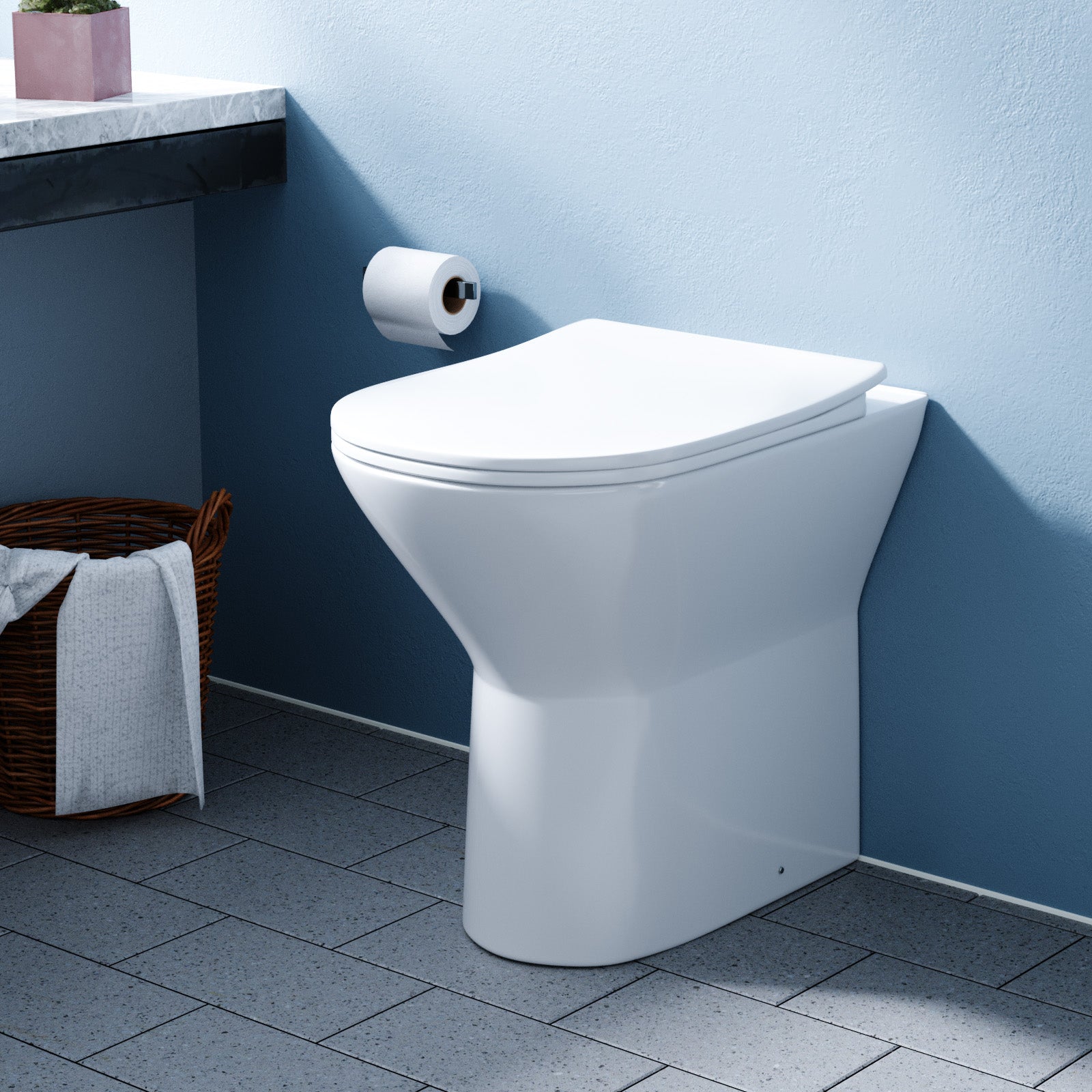 White Comfort Height Round Rimless Soft Close Back To Wall Toilet