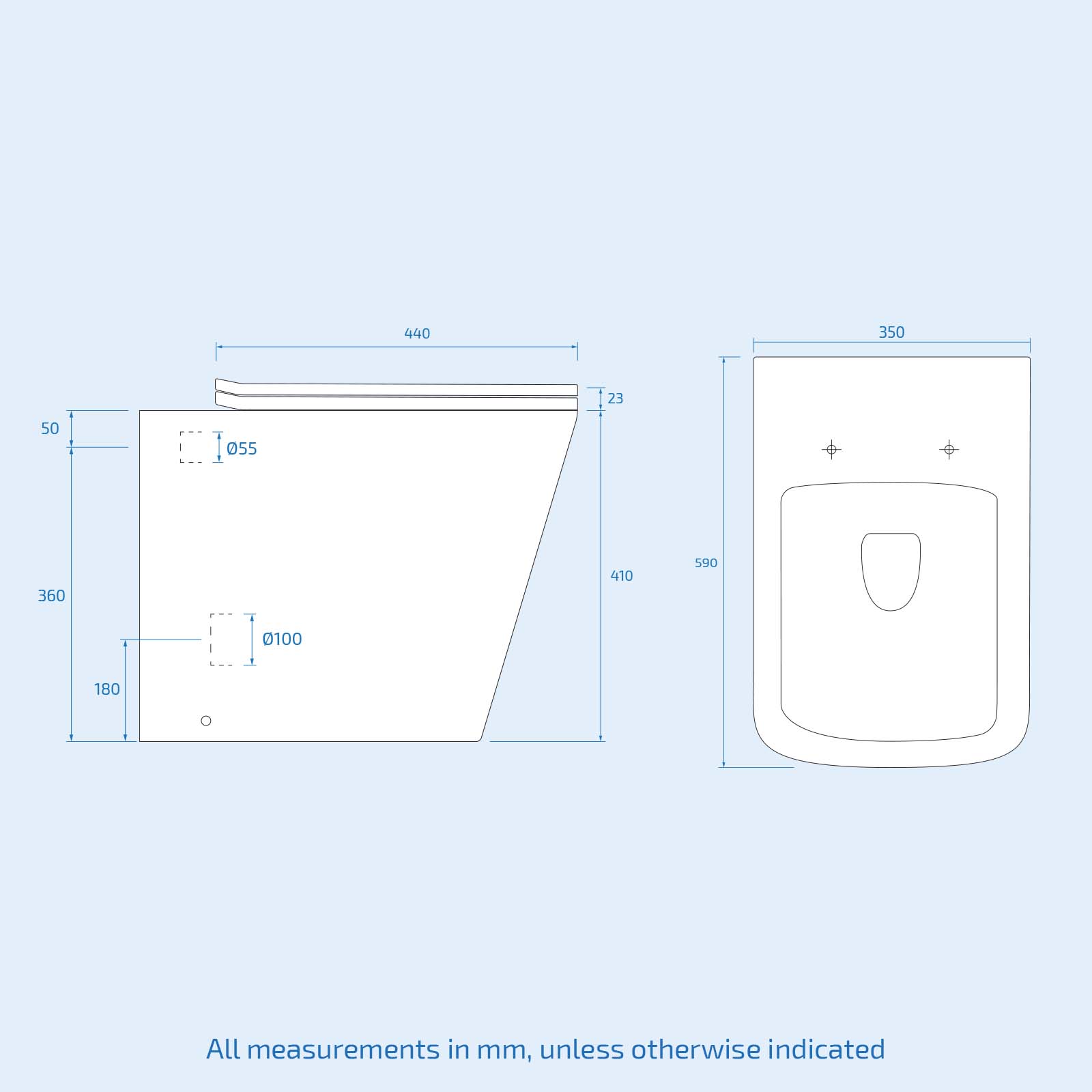 Square Rimless White Back To Wall WC Toilet Pan with Soft Close Seat