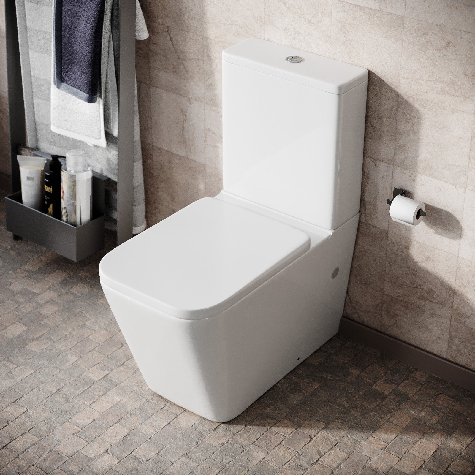 Modern Square Rimless Closed Coupled WC Toilet with Seat and Cistern