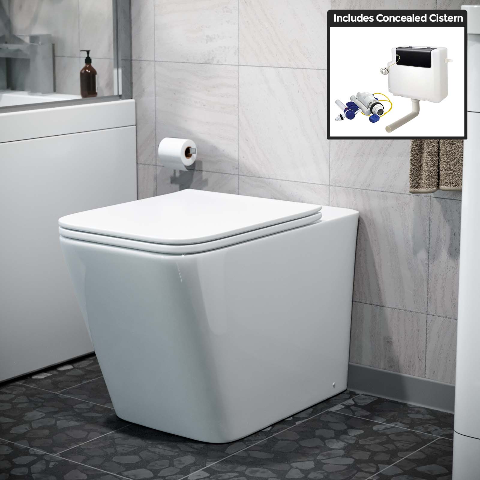 Inton Round Back to Wall Rimless Toilet Pan With Soft Close Seat + WRAS Approved Concealed Cistern