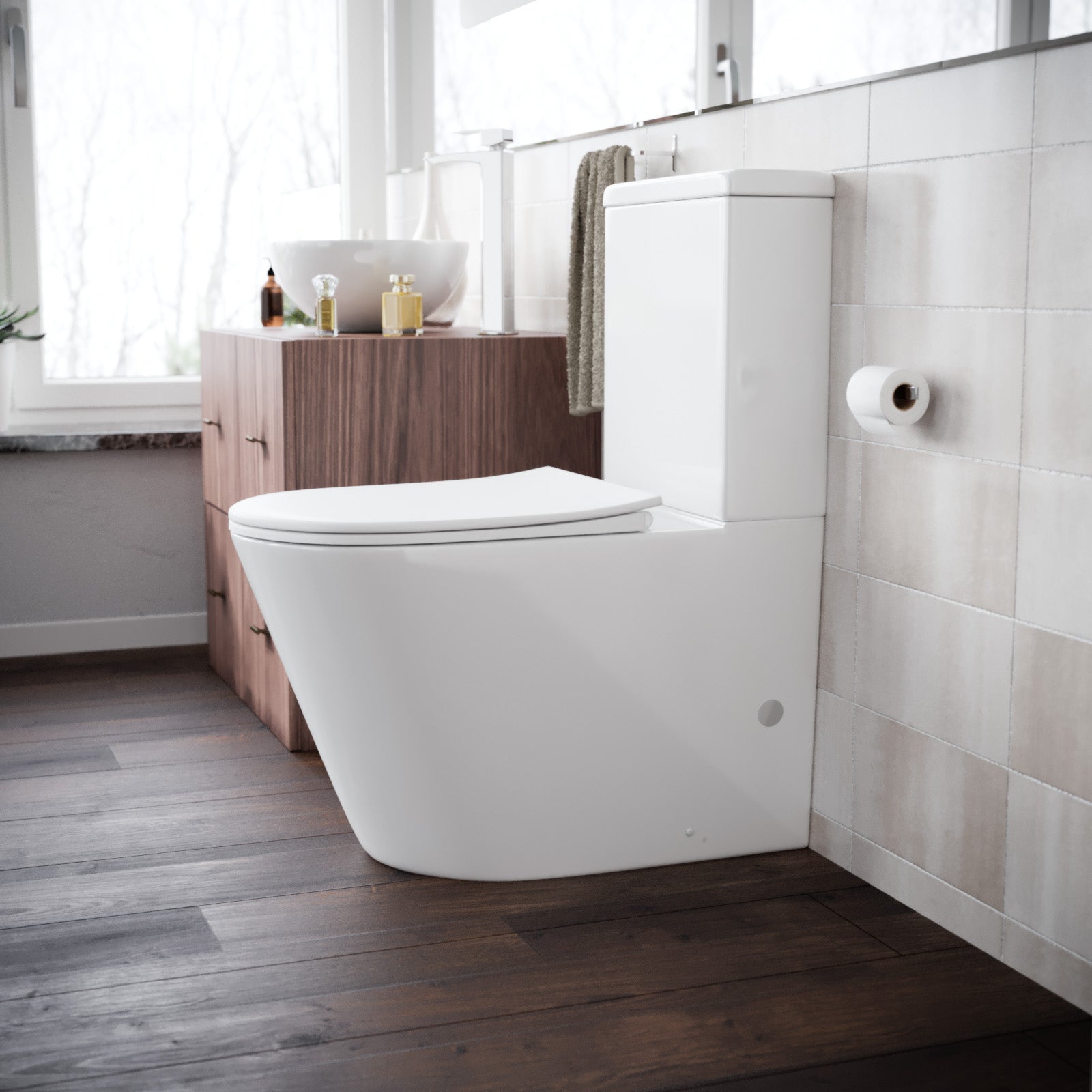 Modern Round Rimless Closed Coupled WC Toilet With Cistern And Soft Close Seat