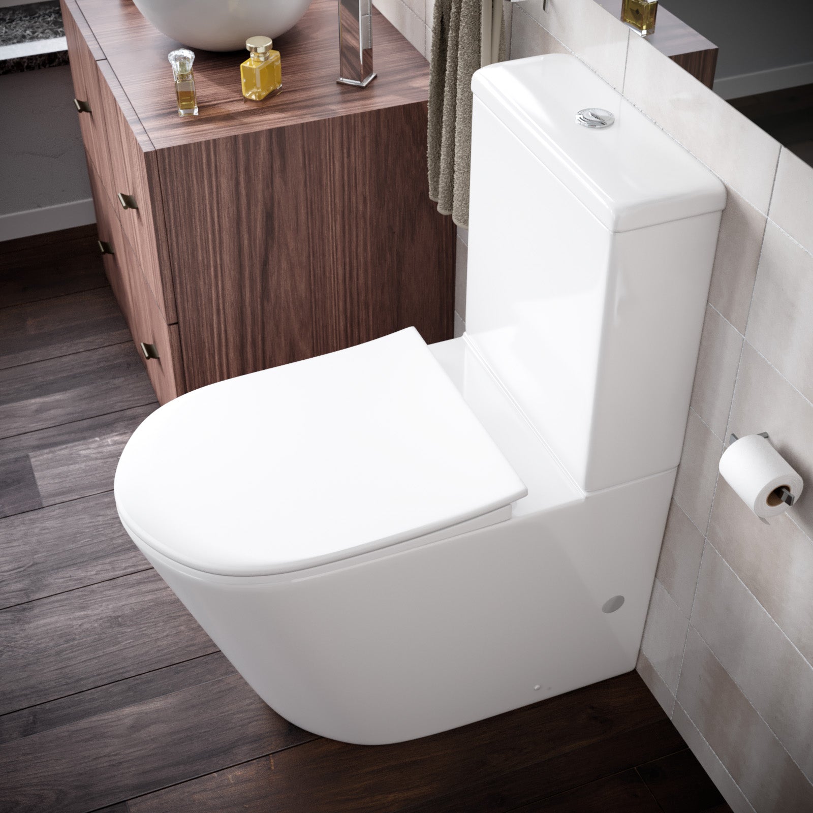 Modern Round Rimless Closed Coupled WC Toilet With Cistern And Soft Close Seat