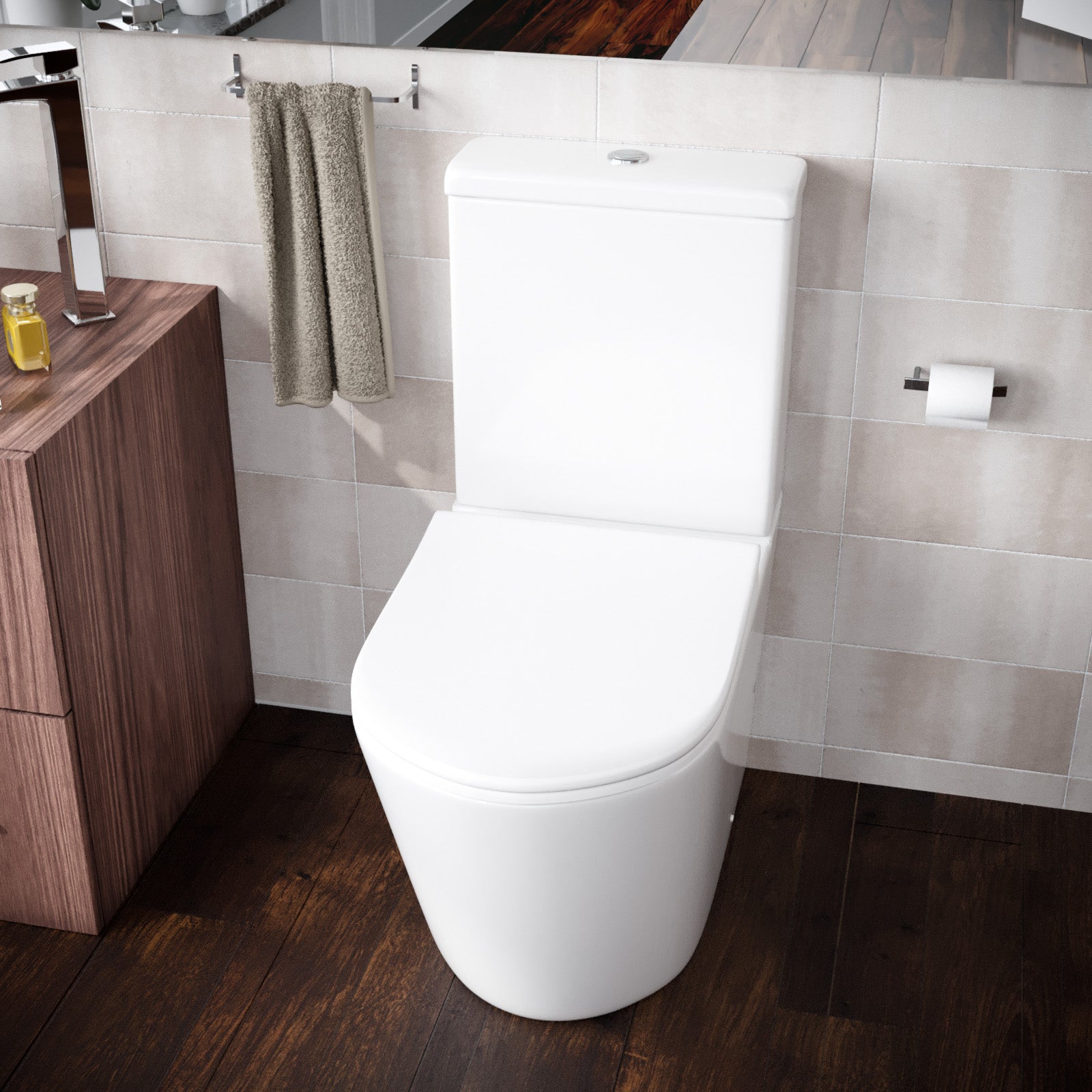 Modern Round Rimless Closed Coupled WC Toilet With Cistern And Soft Close Seat