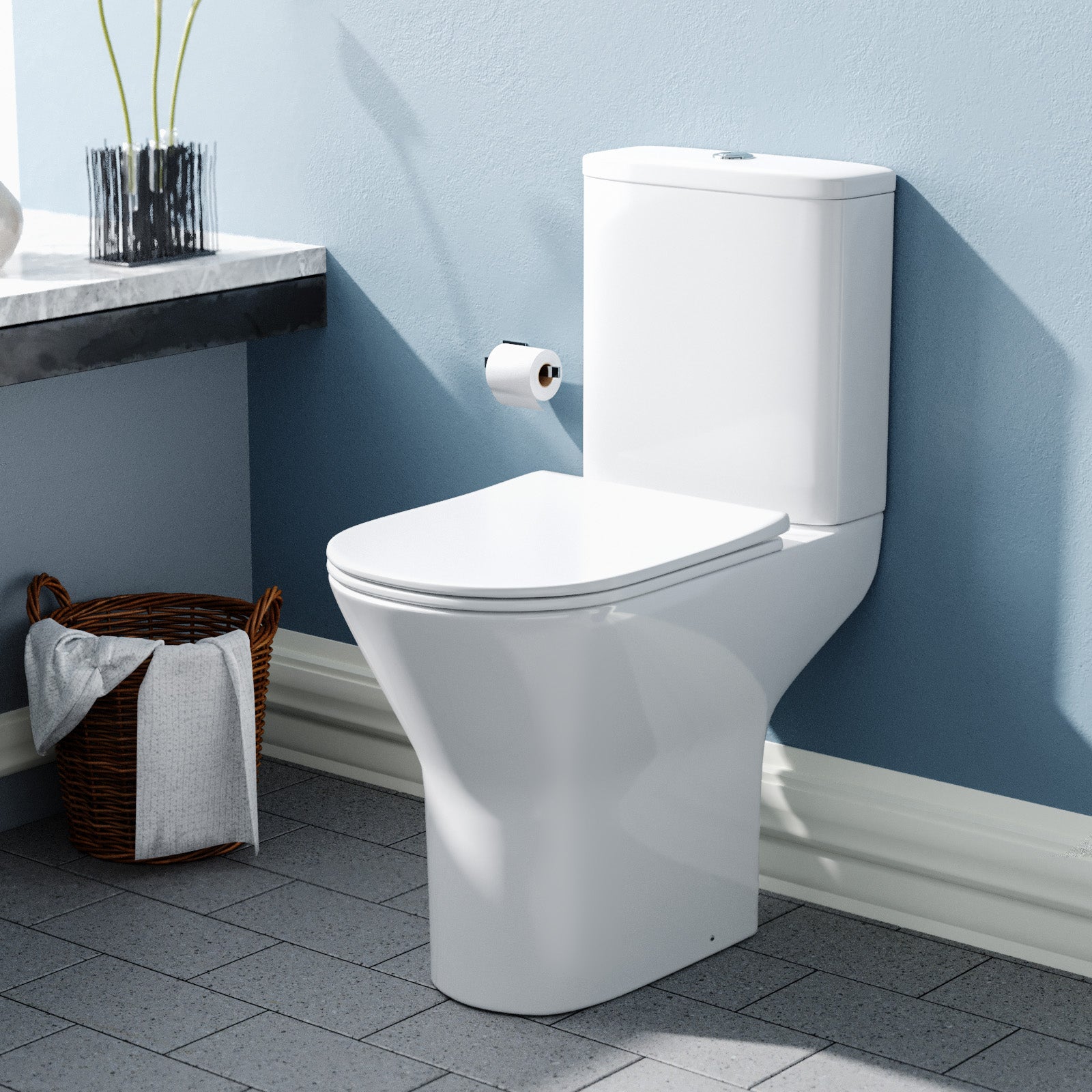 Regis Comfort Height Rimless Close Coupled Toilet Pan, Cistern & Toilet Seat