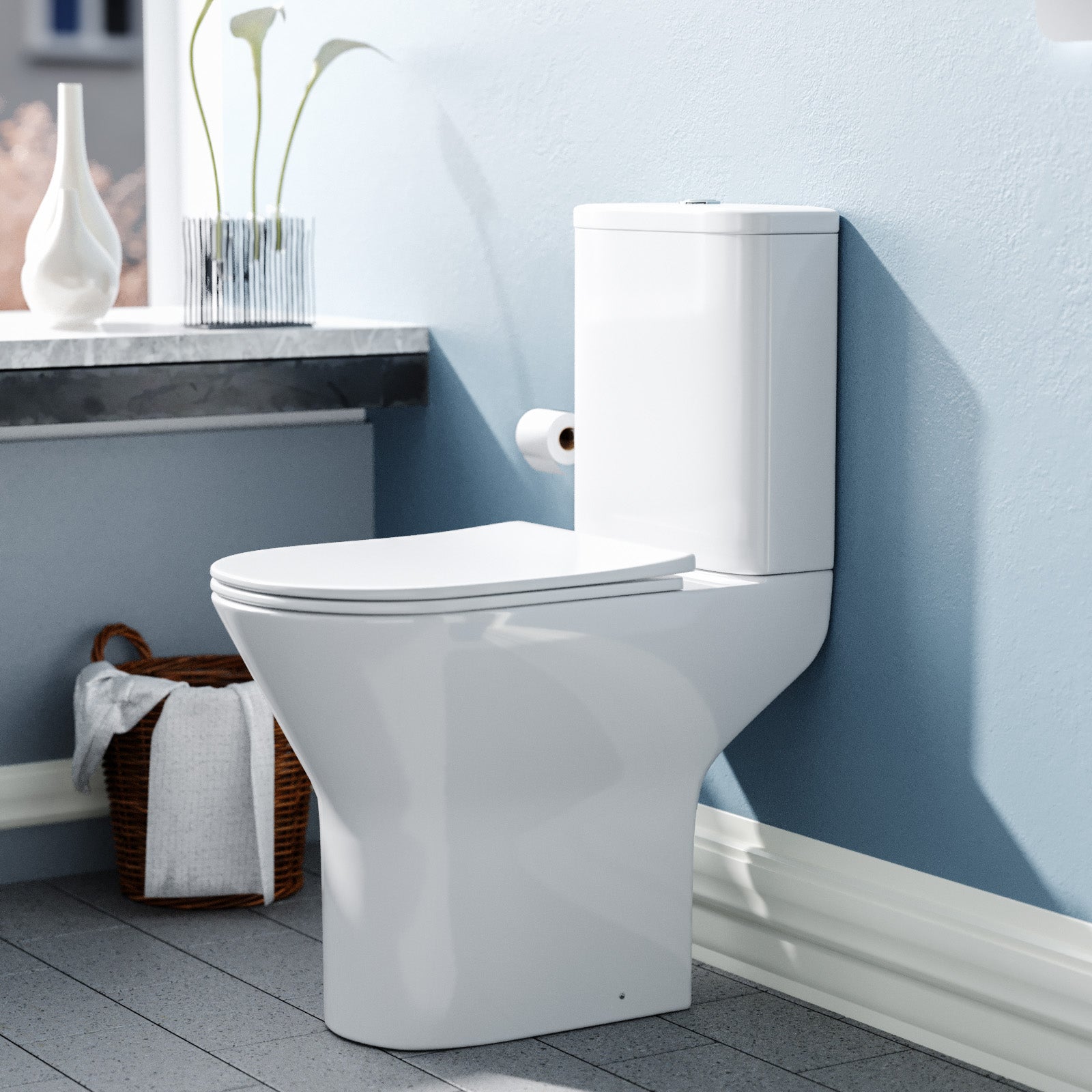 Regis Comfort Height Rimless Close Coupled Toilet Pan, Cistern & Toilet Seat