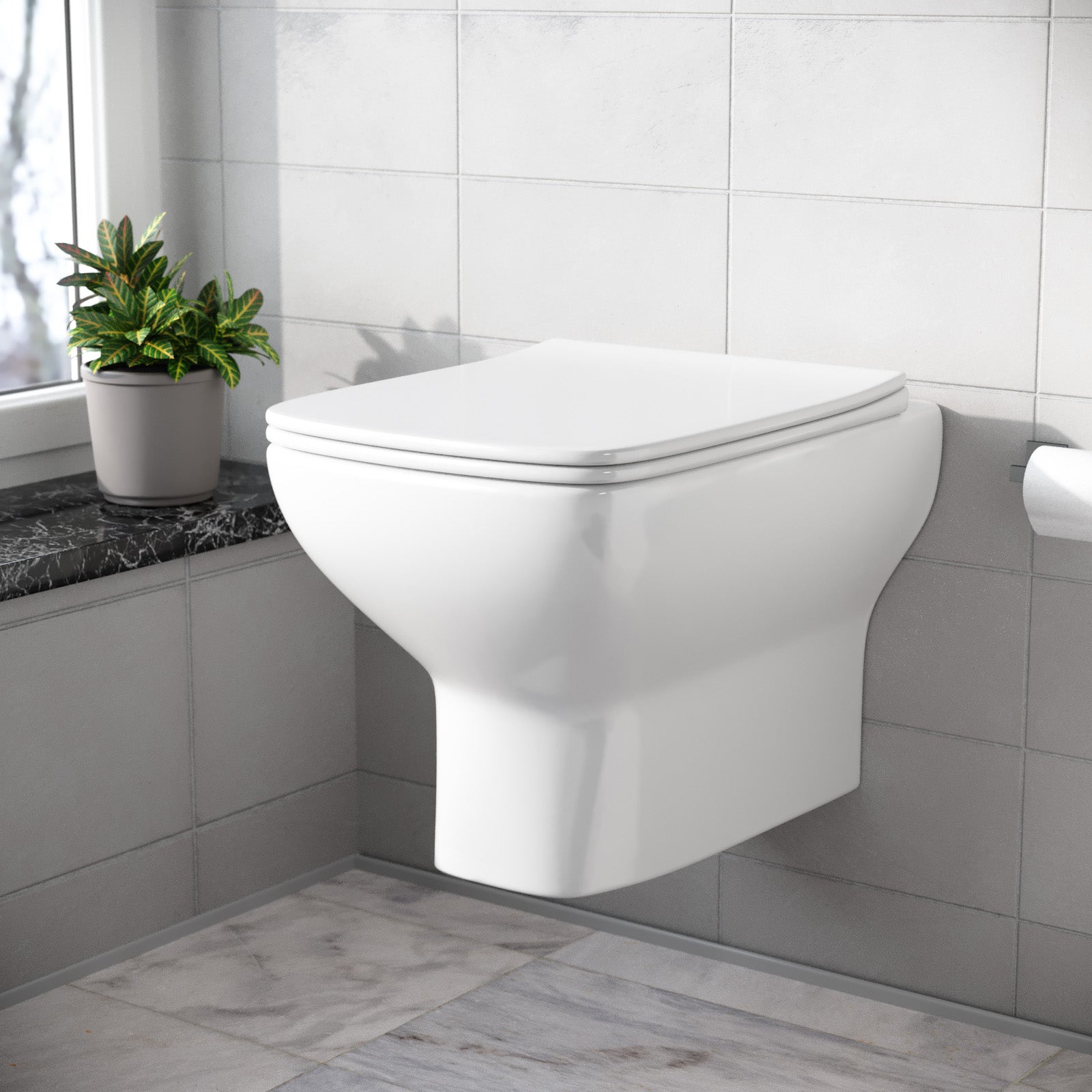 Warley Rimless Square Wall Hung Toilet Pan with Soft Close Toilet Seat White