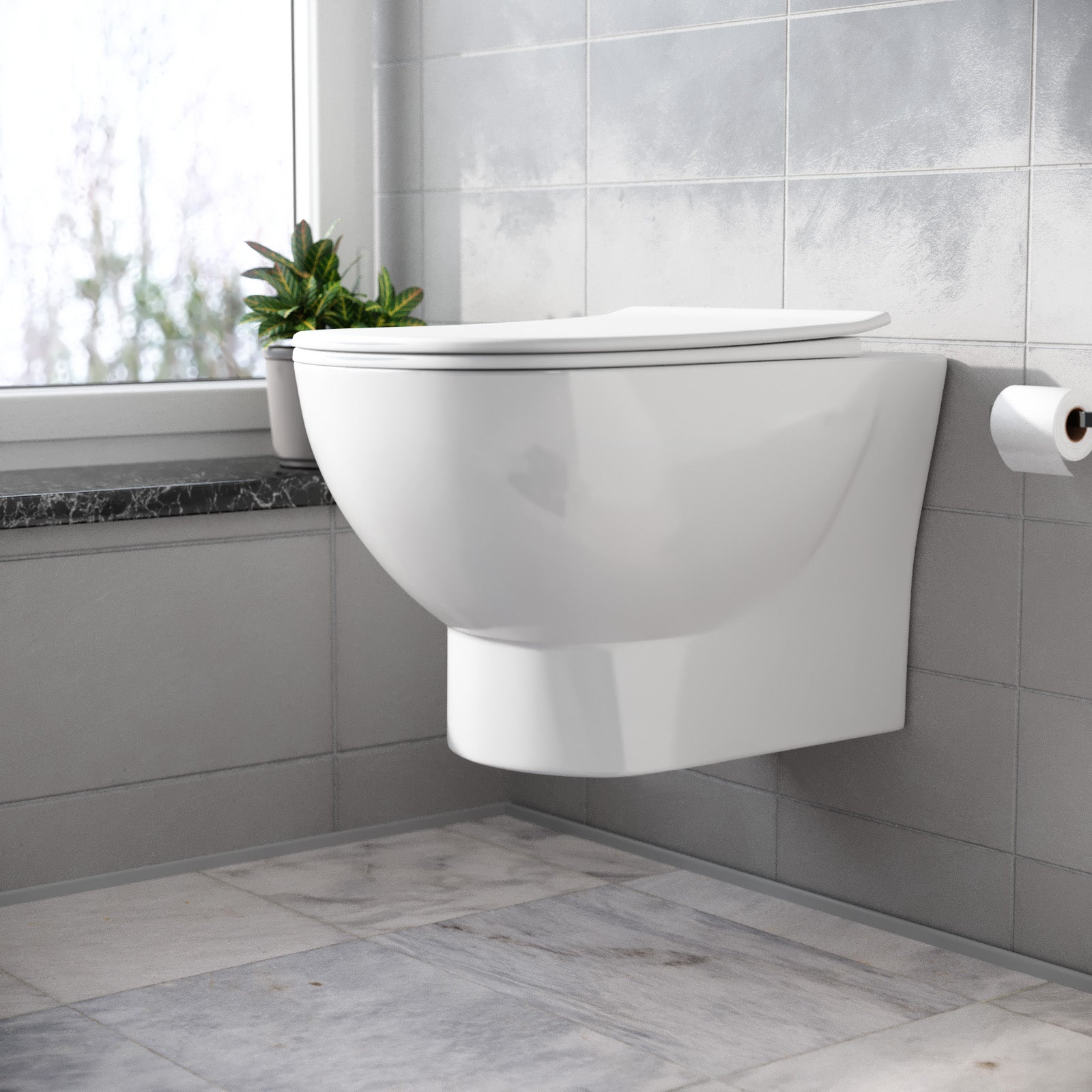 Winson Rimless D Shaped Wall Hung Toilet Pan with Soft Close Toilet Seat White