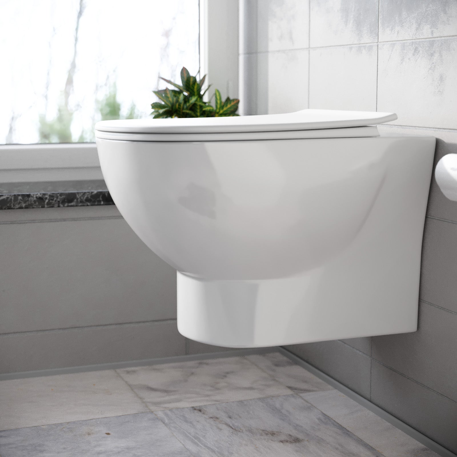 Winson Rimless D Shaped Wall Hung Toilet Pan with Soft Close Toilet Seat White