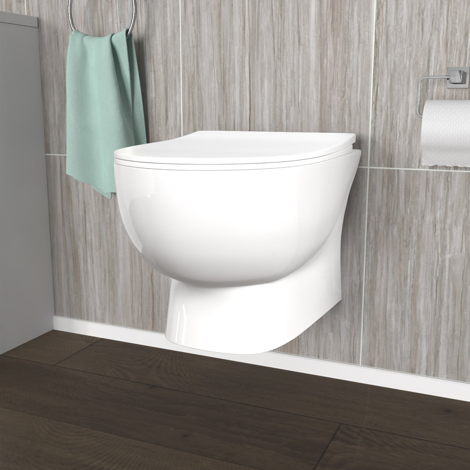 Nes Home Rimless D Shape Wall Hung Toilet Pan with Soft Close Seat & Wall Frame