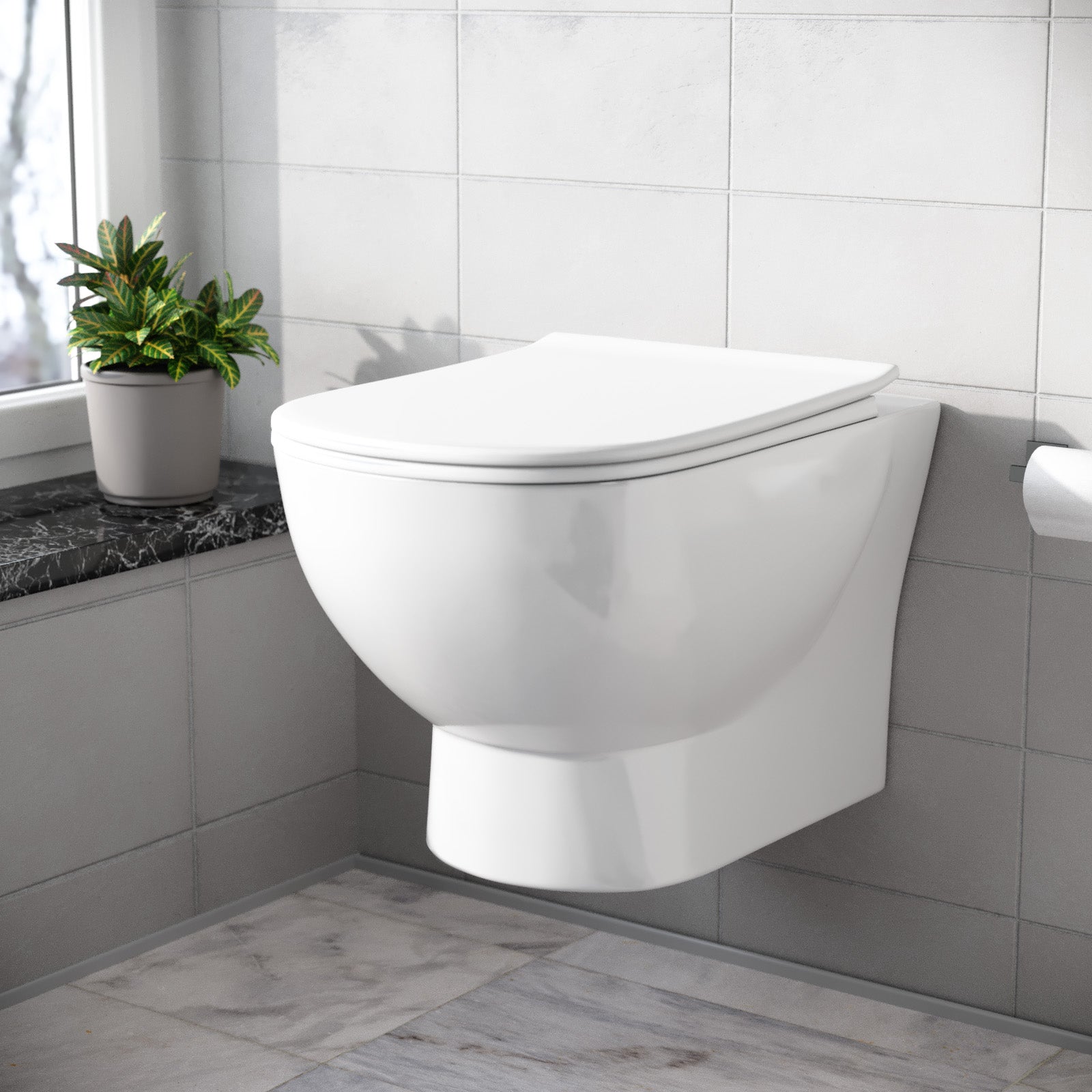 Rimless D Shape Wall Hung Toilet Pan with Soft Close Seat & Wall Frame