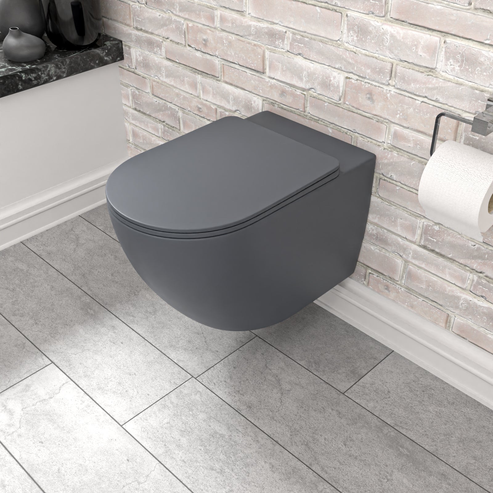 Round Dark Grey Wall Hung Rimless Toilet With Soft Close Seat