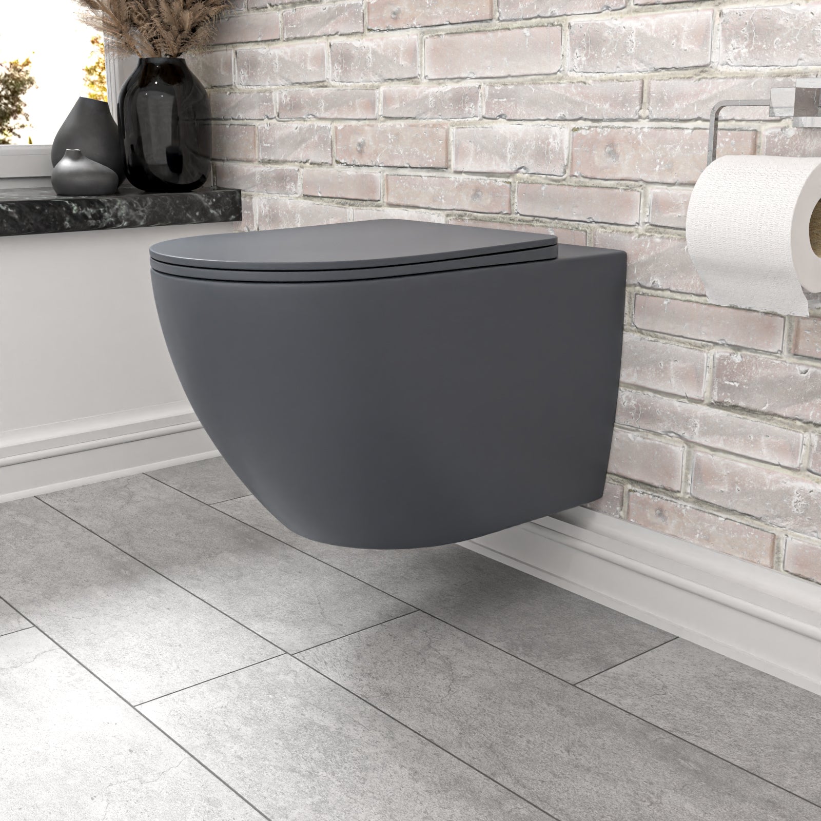 Round Dark Grey Wall Hung Rimless Toilet With Soft Close Seat