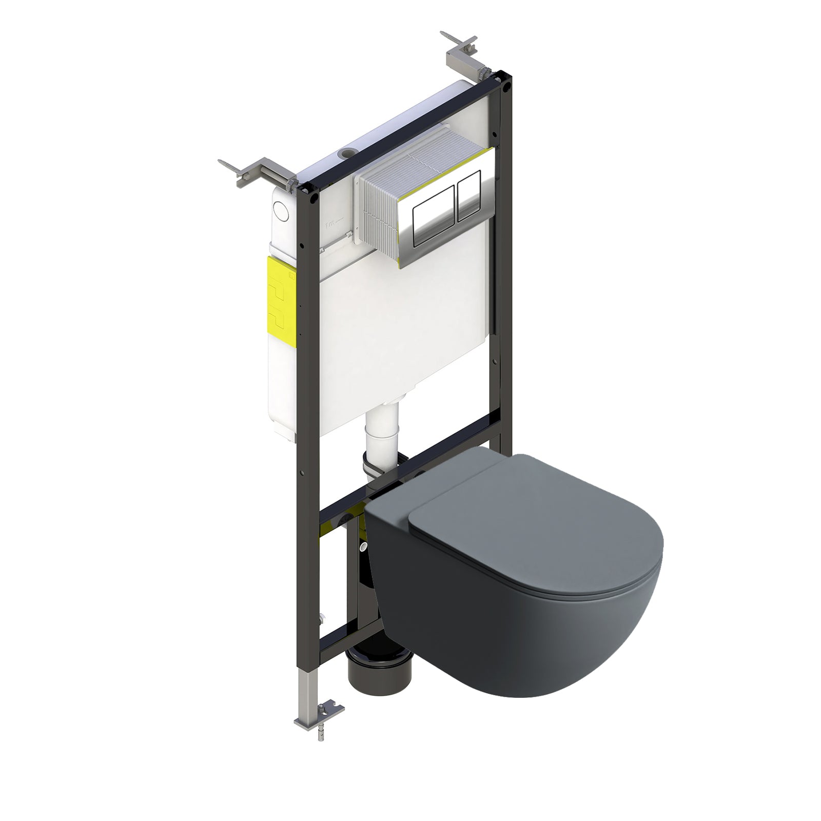 Round Dark Grey Wall Hung Rimless Toilet With Frame & Flush Plate