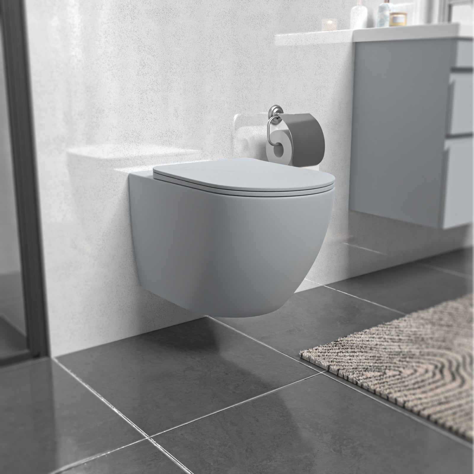 Round Matte Grey Wall Hung Rimless Toilet With Soft Close Seat