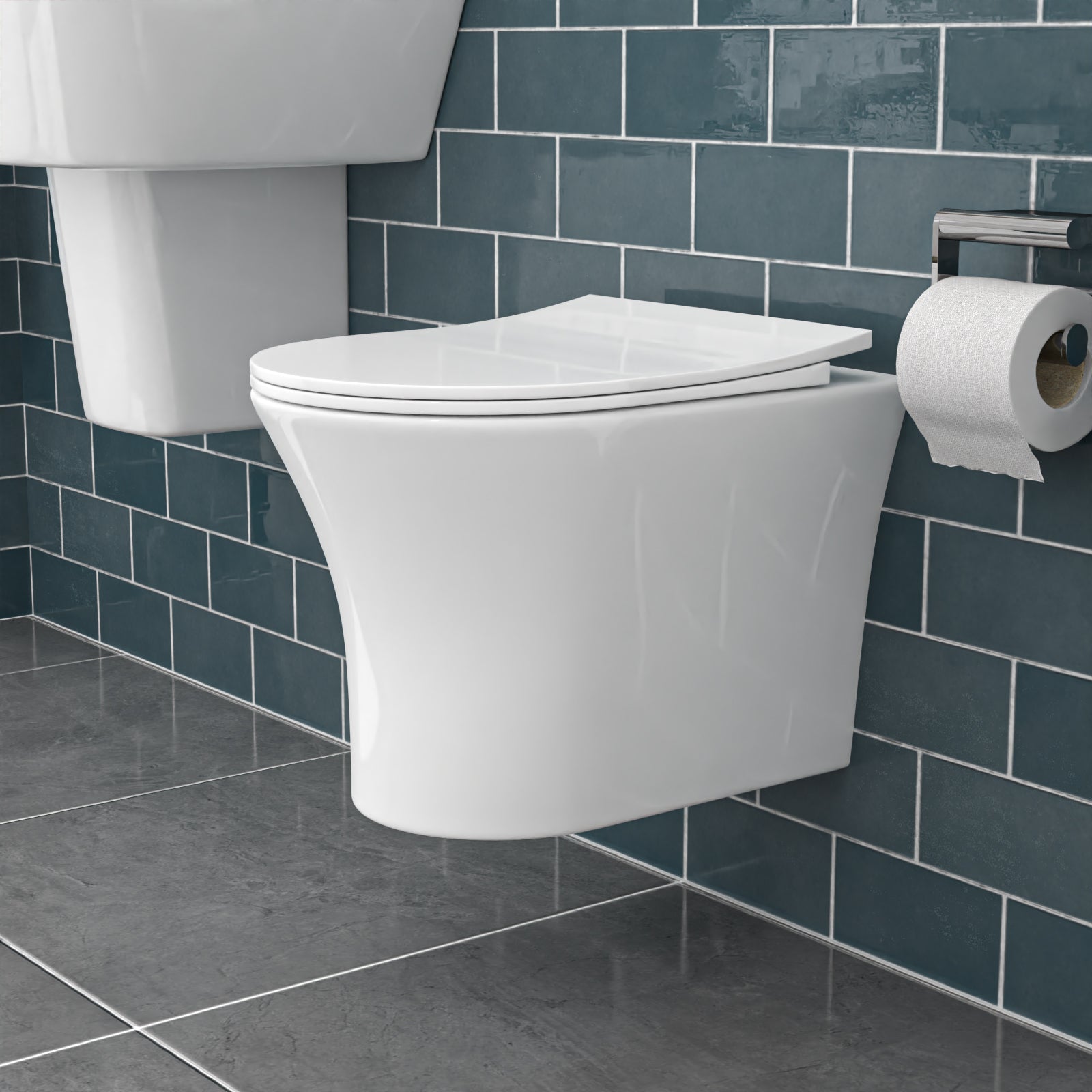 White Rimless Soft Close Round Wall Hung Toilet Pan Seat